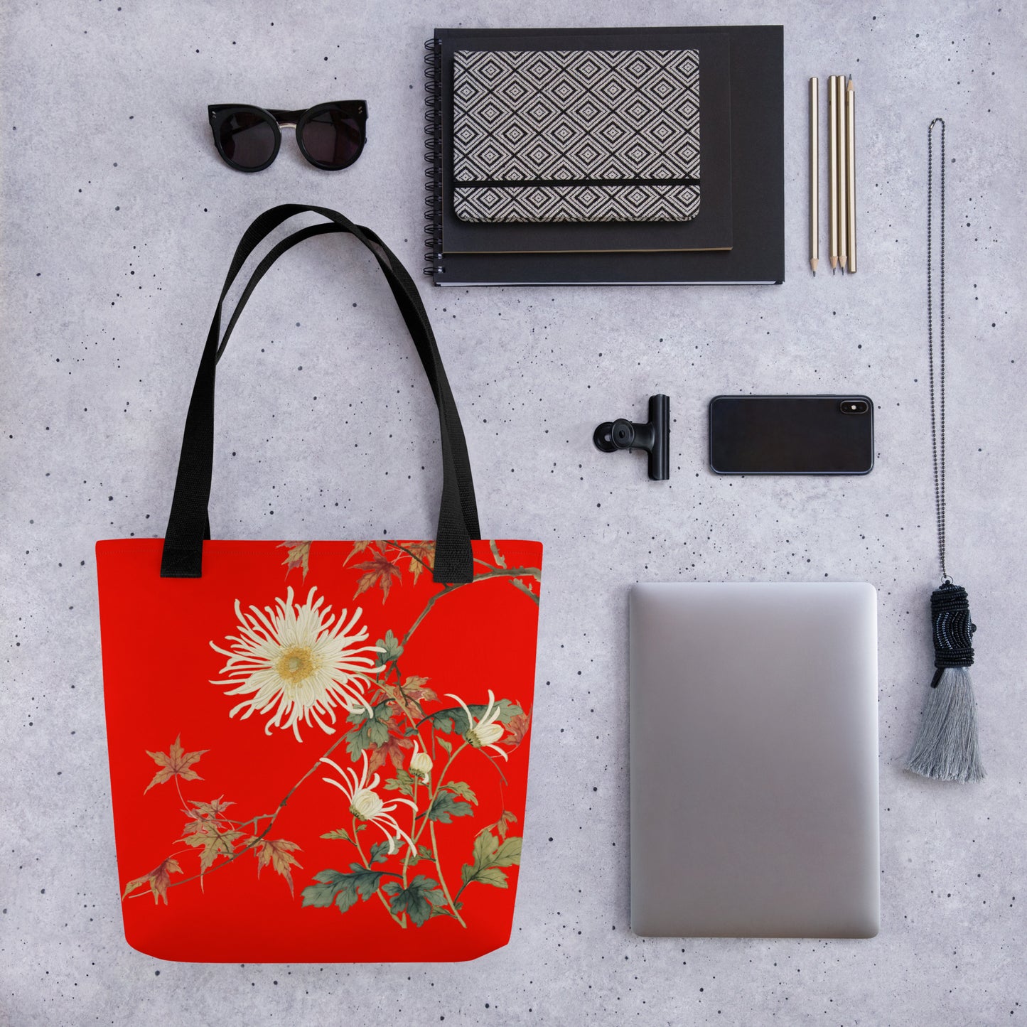 The Spirit of Flowers in Twelve Months｜Blooming Chrysanthemum and Maple Leaves｜Tote bag｜Garnet red