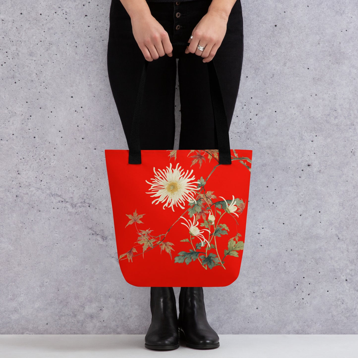 The Spirit of Flowers in Twelve Months｜Blooming Chrysanthemum and Maple Leaves｜Tote bag｜Garnet red