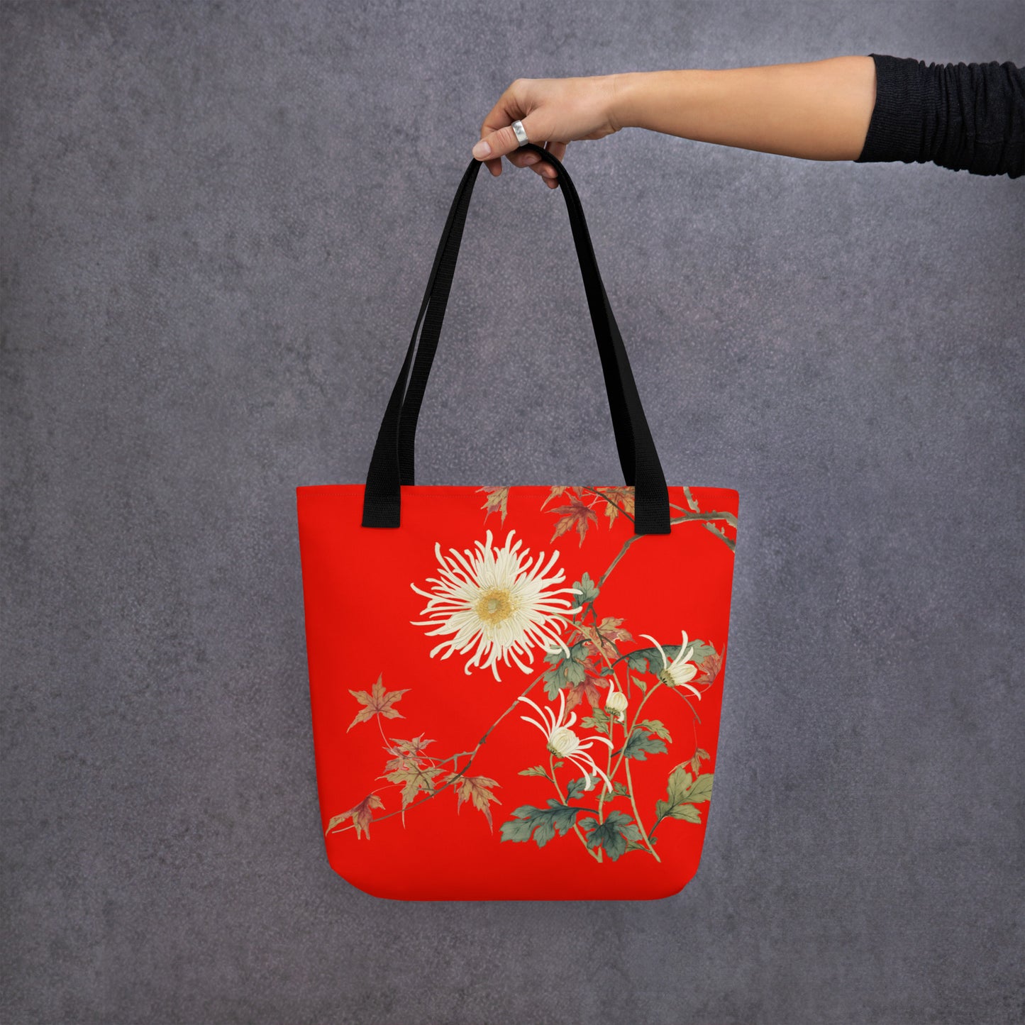 The Spirit of Flowers in Twelve Months｜Blooming Chrysanthemum and Maple Leaves｜Tote bag｜Garnet red