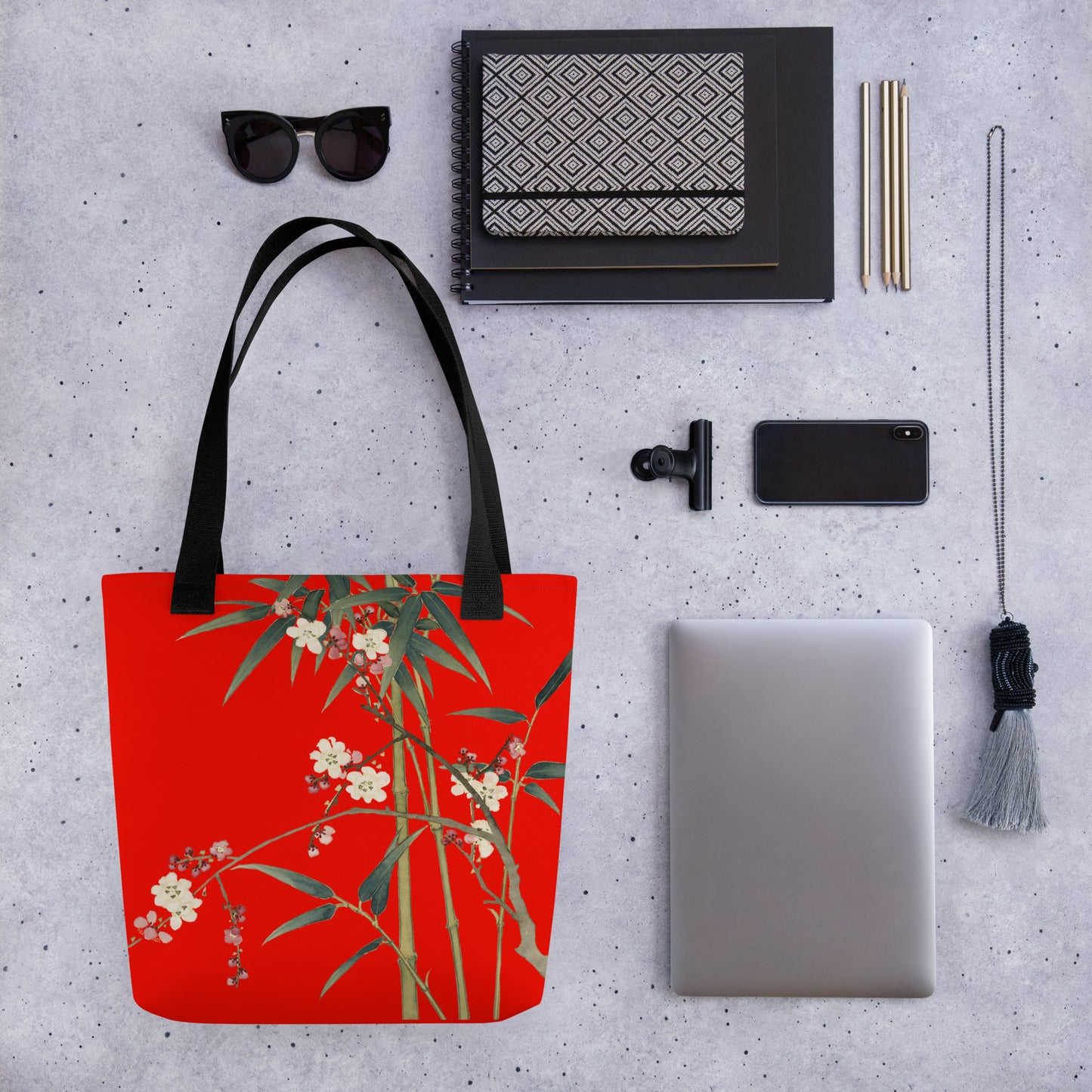 The Spirit of Flowers in Twelve Months｜Crimson Plum Blossom and Lush Green Bamboo｜Tote bag｜Garnet red