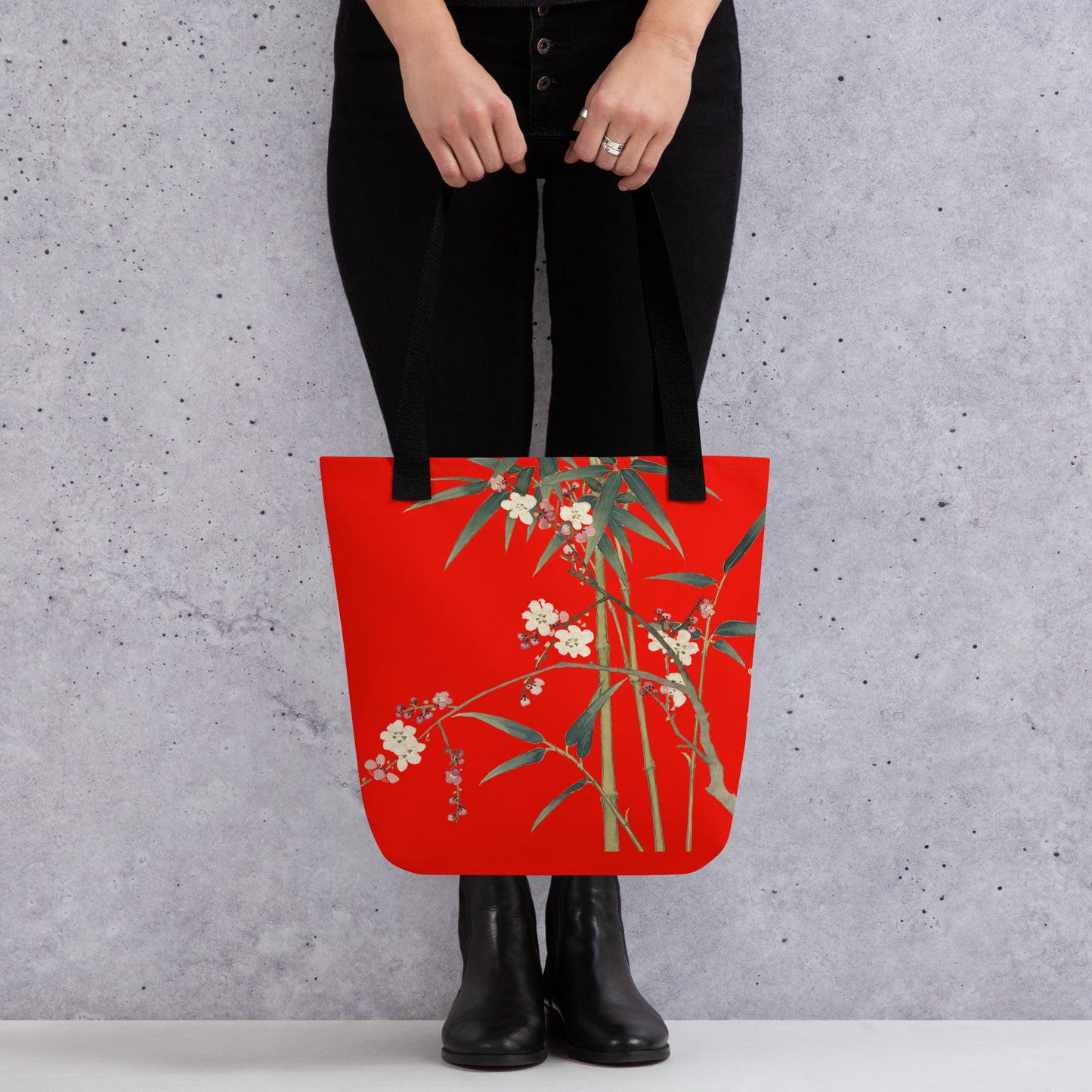 The Spirit of Flowers in Twelve Months｜Crimson Plum Blossom and Lush Green Bamboo｜Tote bag｜Garnet red