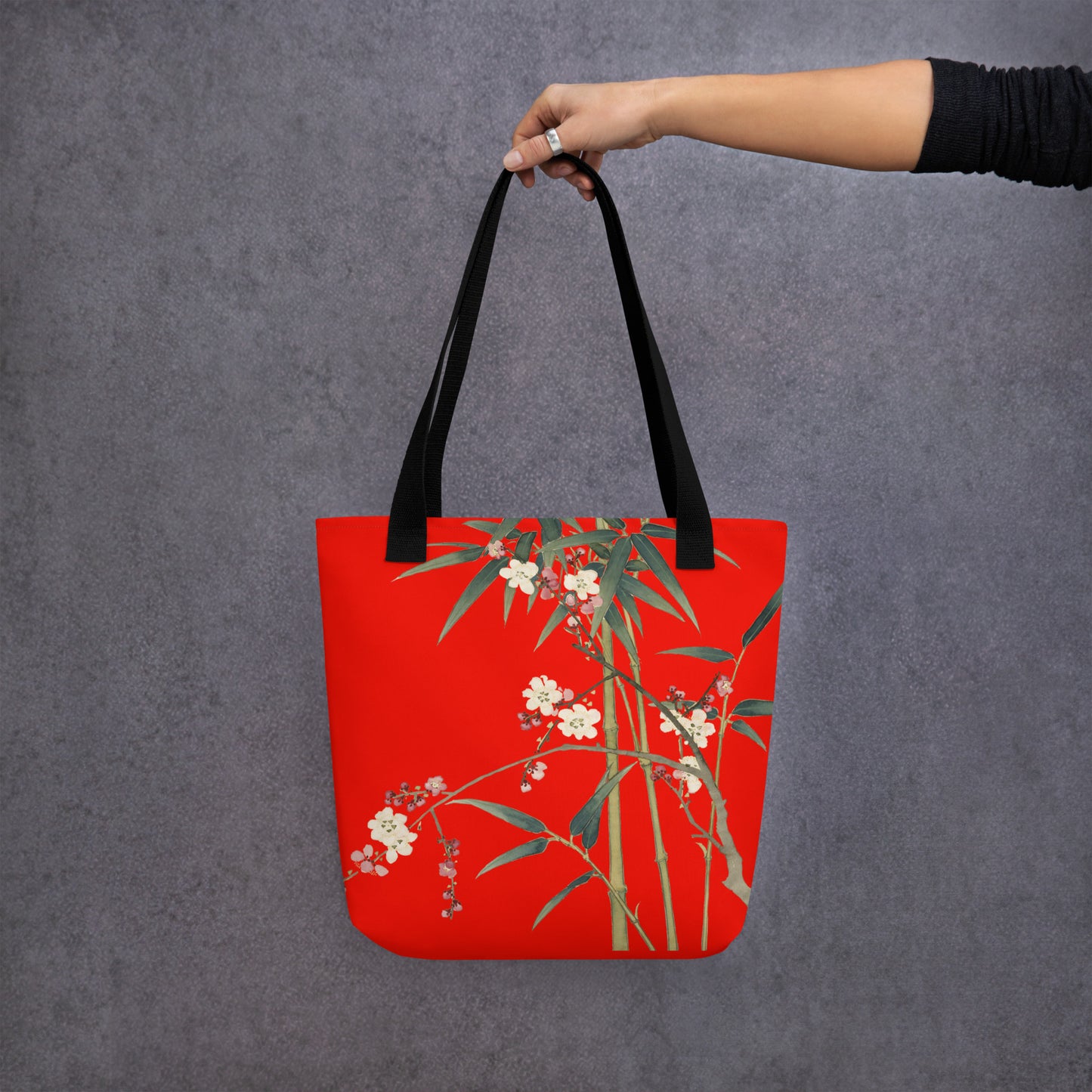 The Spirit of Flowers in Twelve Months｜Crimson Plum Blossom and Lush Green Bamboo｜Tote bag｜Garnet red