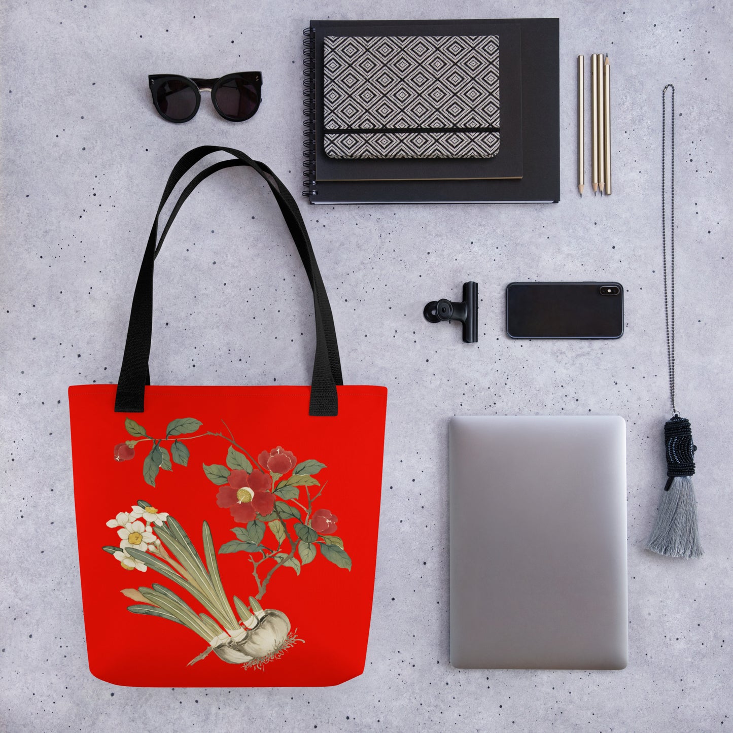 The Spirit of Flowers in Twelve Months｜Narcissus and Camelia in Bloom｜Tote bag｜Garnet red