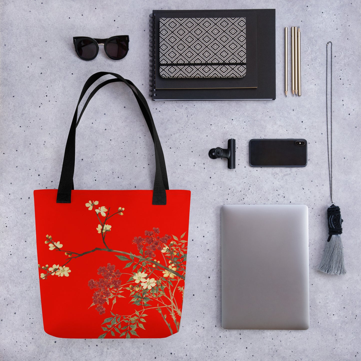 The Spirit of Flowers in Twelve Months｜Blooming Wintersweet and Heavenly Bamboo｜Tote bag｜Garnet red