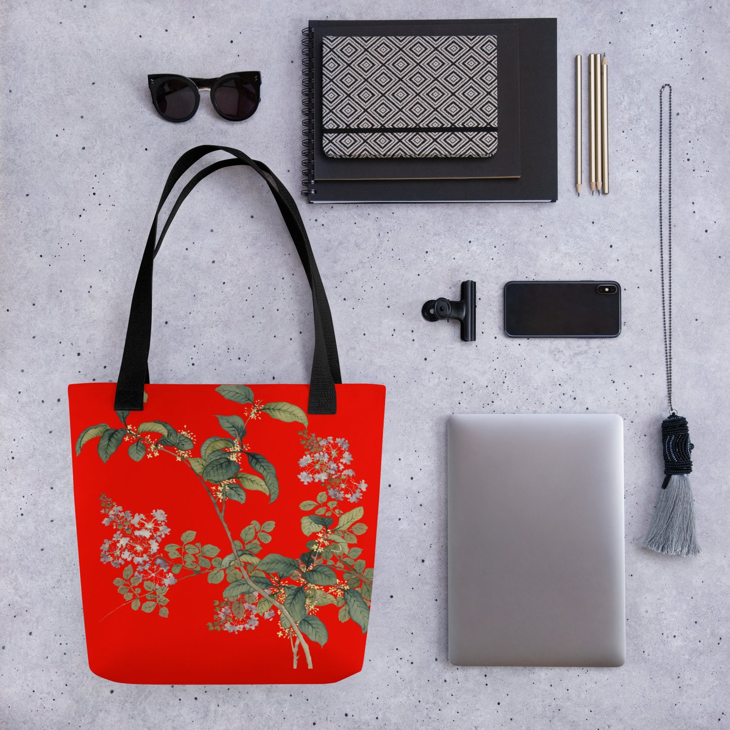 The Spirit of Flowers in Twelve Months｜Osmanthus and Crape Myrtle in Bloom｜Tote bag｜Garnet red