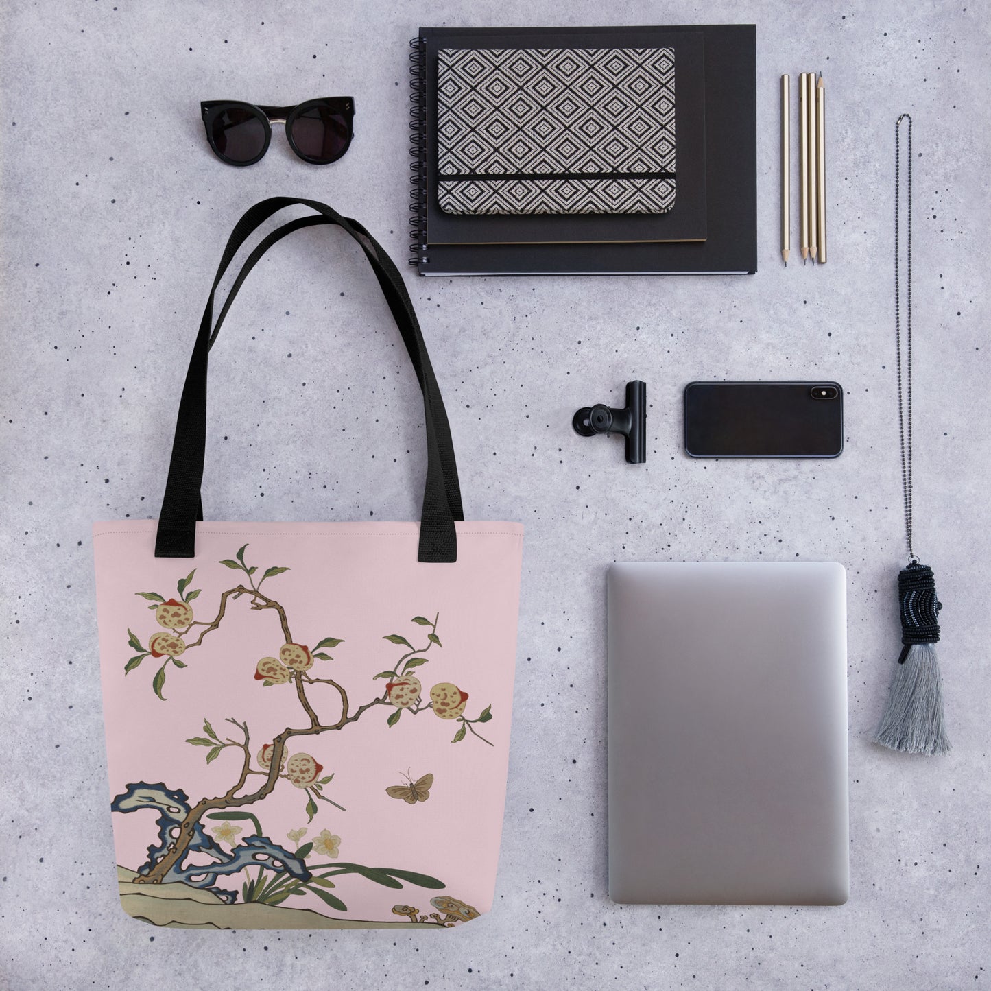 Kesi Flower Album｜Narcissus and Peaches｜Tote bag｜Pale pinkish gray