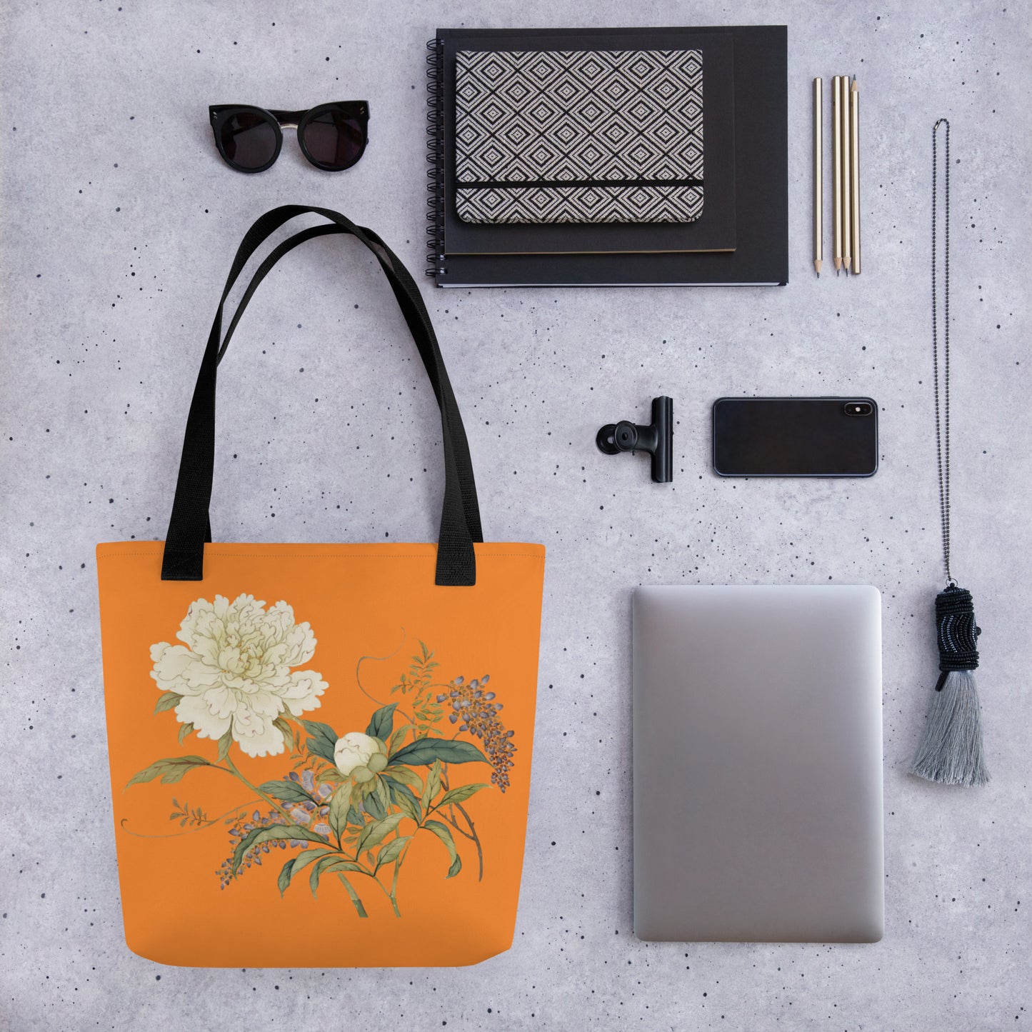 The Spirit of Flowers in Twelve Months｜Chinese Peony and Wisteria in Bloom｜Tote bag｜Orange