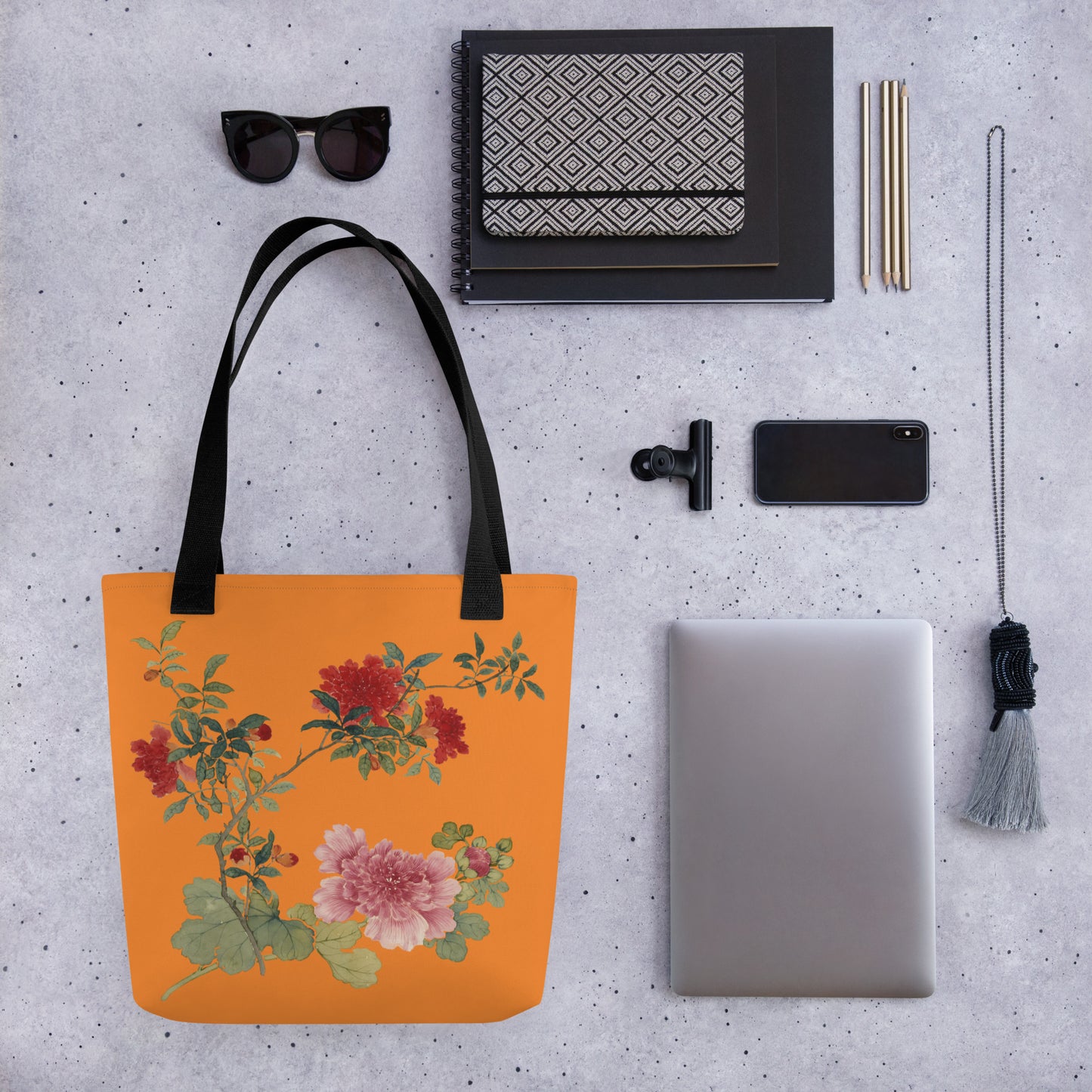 The Spirit of Flowers in Twelve Months｜Hollyhock and Pomegranate in Bloom｜Tote bag｜Orange