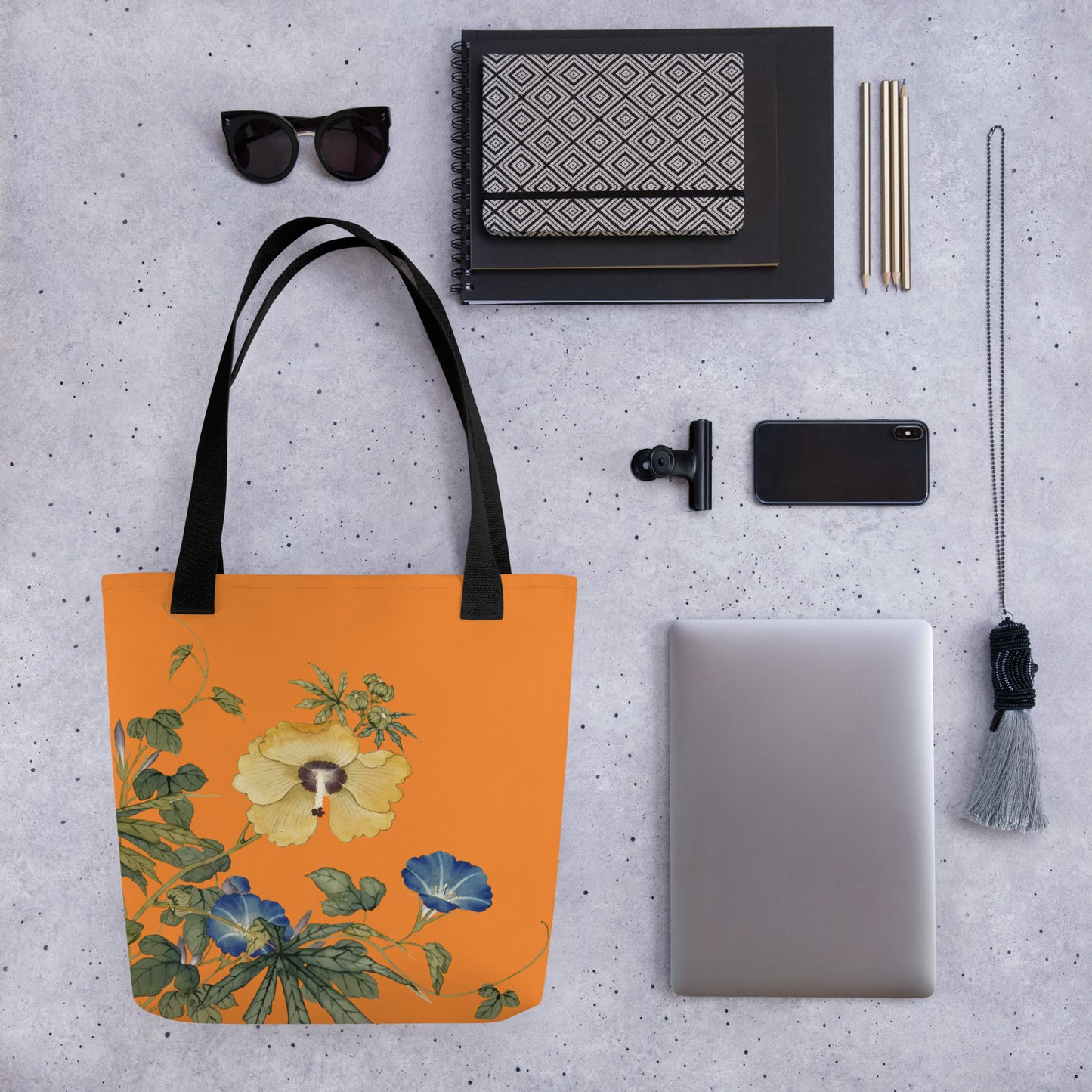 The Spirit of Flowers in Twelve Months｜Okra and White-edged Morning Glory in Bloom｜Tote bag｜Orange