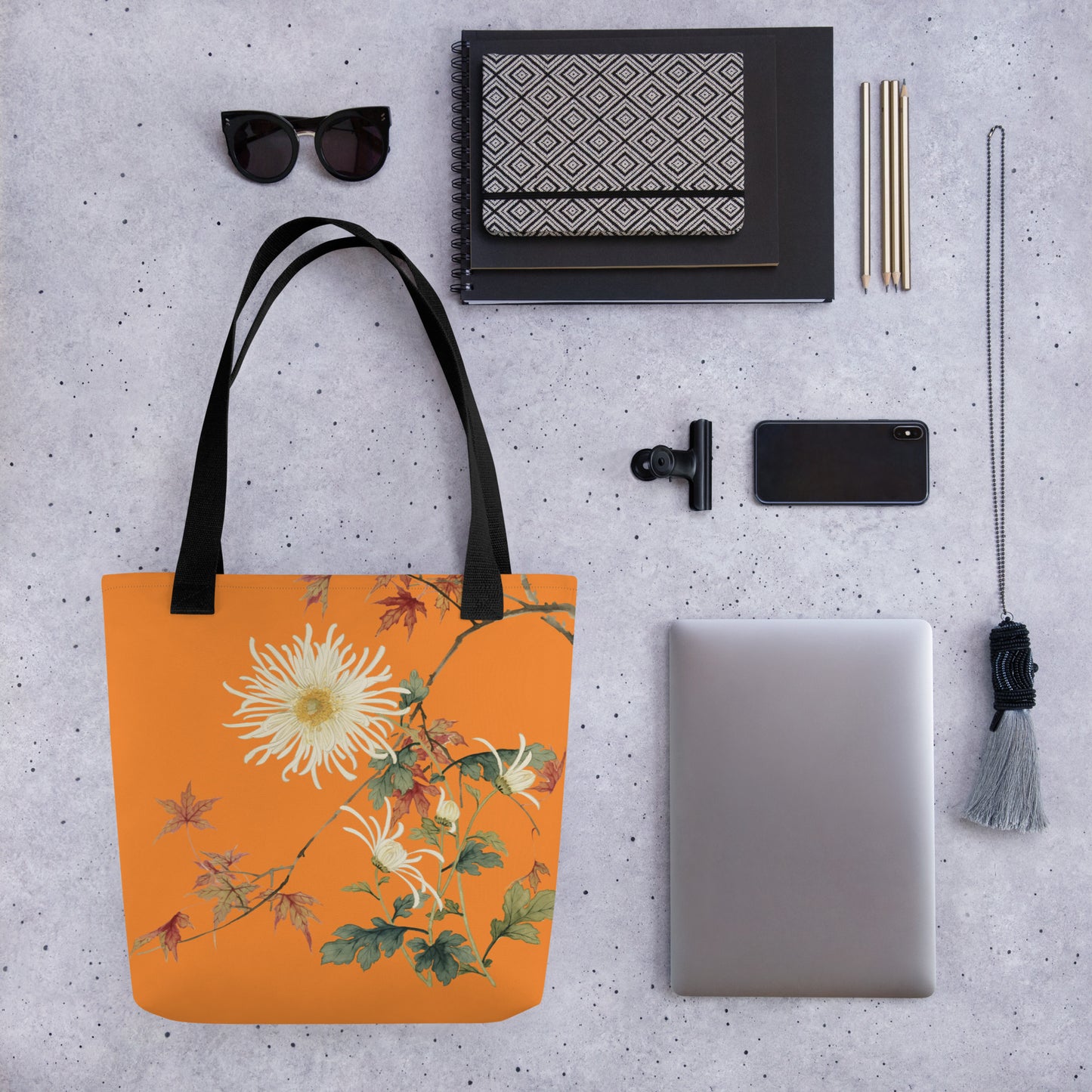 The Spirit of Flowers in Twelve Months｜Blooming Chrysanthemum and Maple Leaves｜Tote bag｜Orange