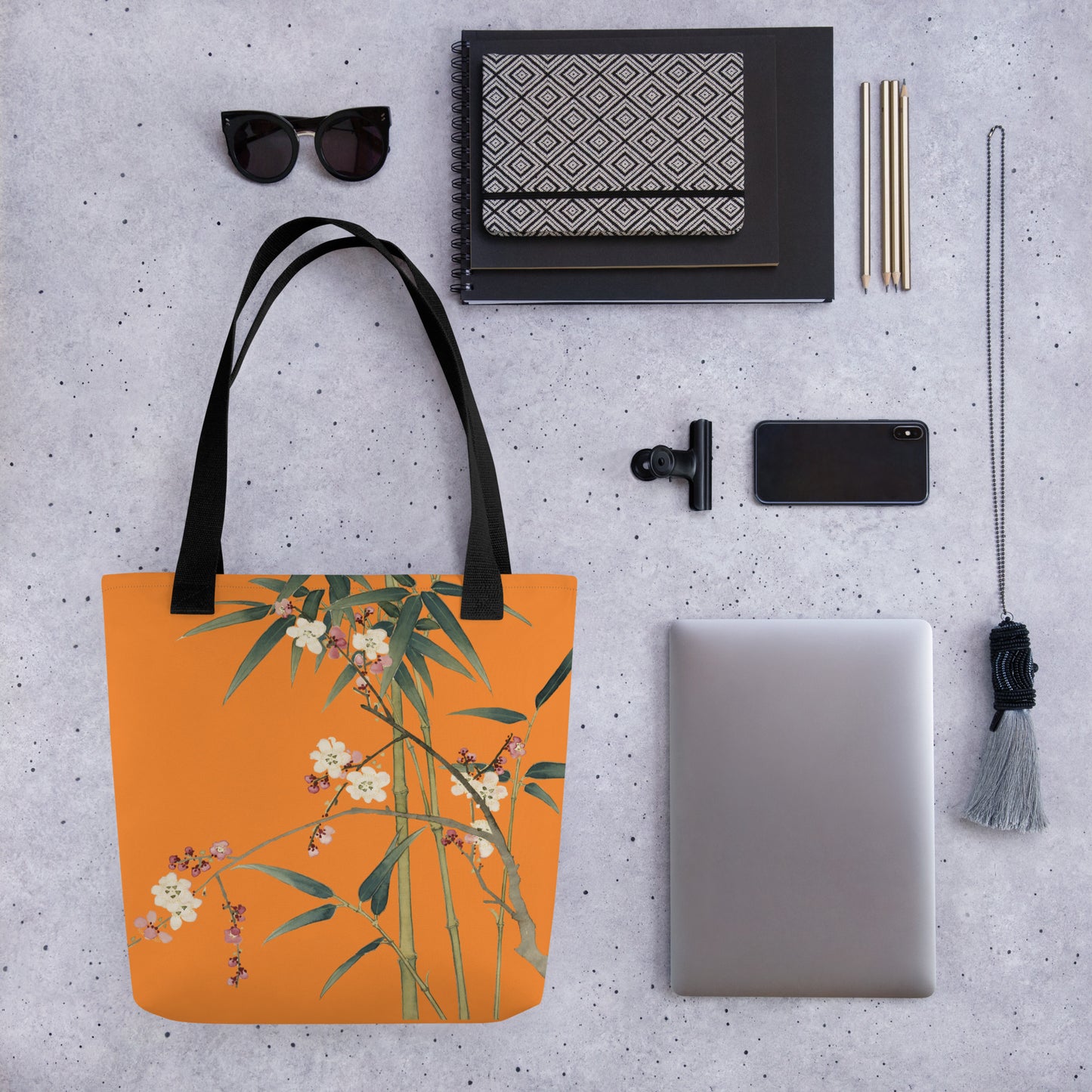 The Spirit of Flowers in Twelve Months｜Crimson Plum Blossom and Lush Green Bamboo｜Tote bag｜Orange