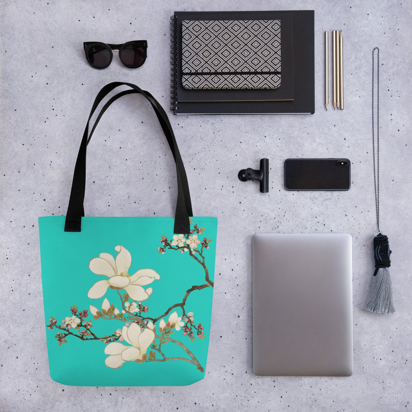 The Spirit of Flowers in Twelve Months｜Apricot and Lily Magnolia in Blossom｜Tote bag｜Turquoise