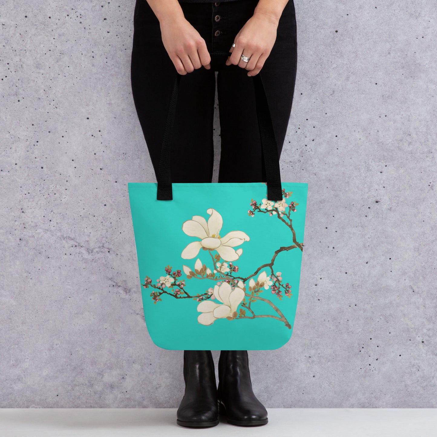 The Spirit of Flowers in Twelve Months｜Apricot and Lily Magnolia in Blossom｜Tote bag｜Turquoise