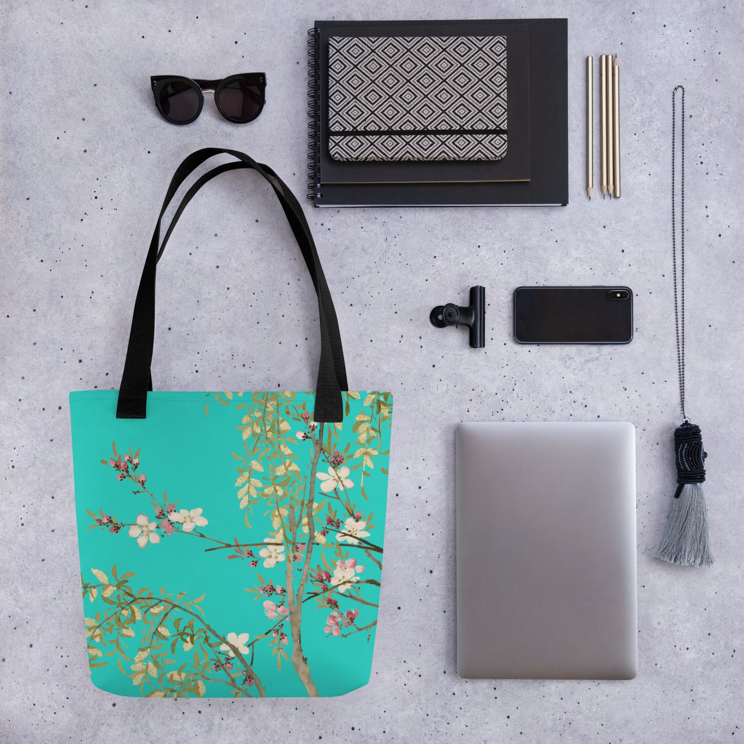 The Spirit of Flowers in Twelve Months｜Willow and Peach Blossom｜Tote bag｜Turquoise