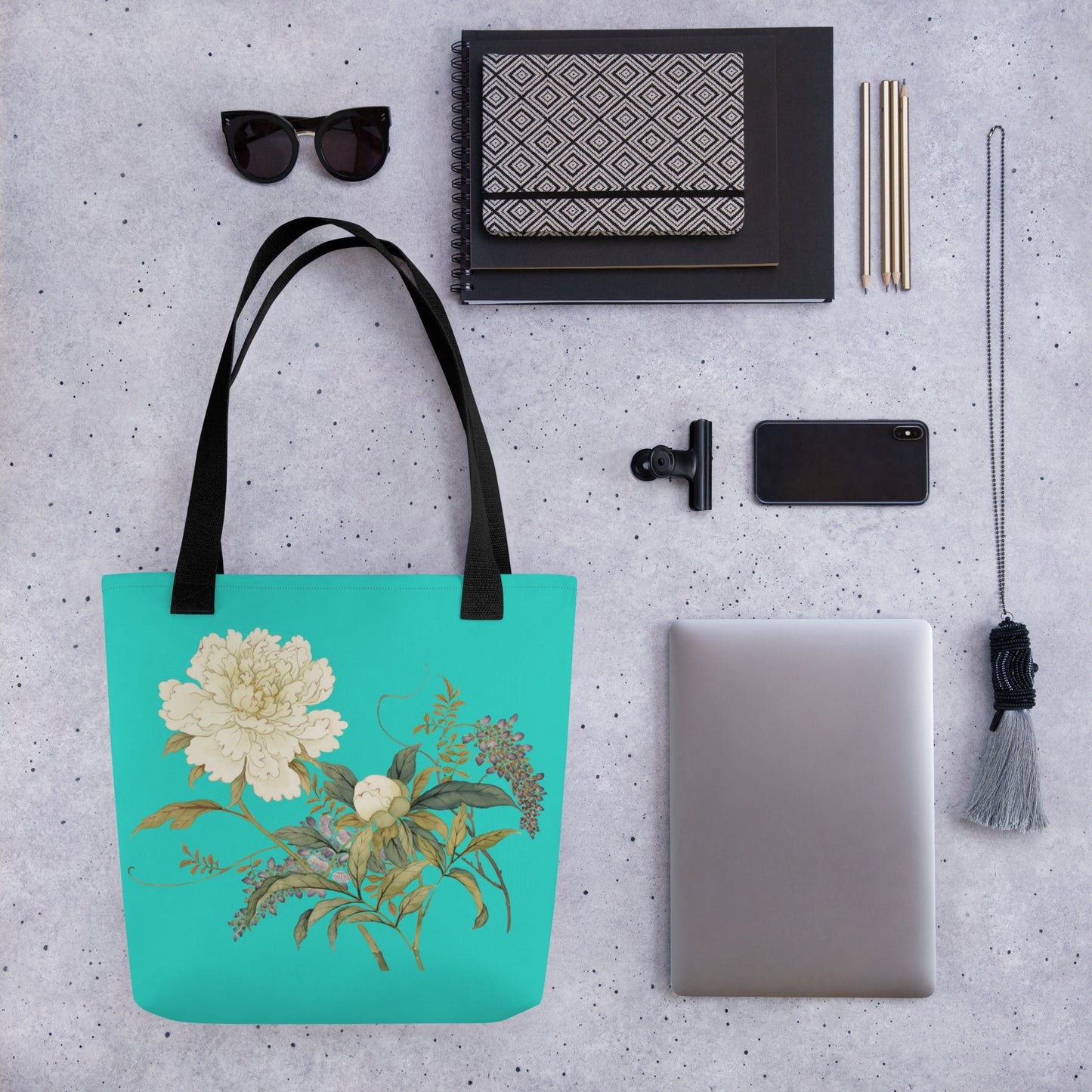 The Spirit of Flowers in Twelve Months｜Chinese Peony and Wisteria in Bloom｜Tote bag｜Turquoise