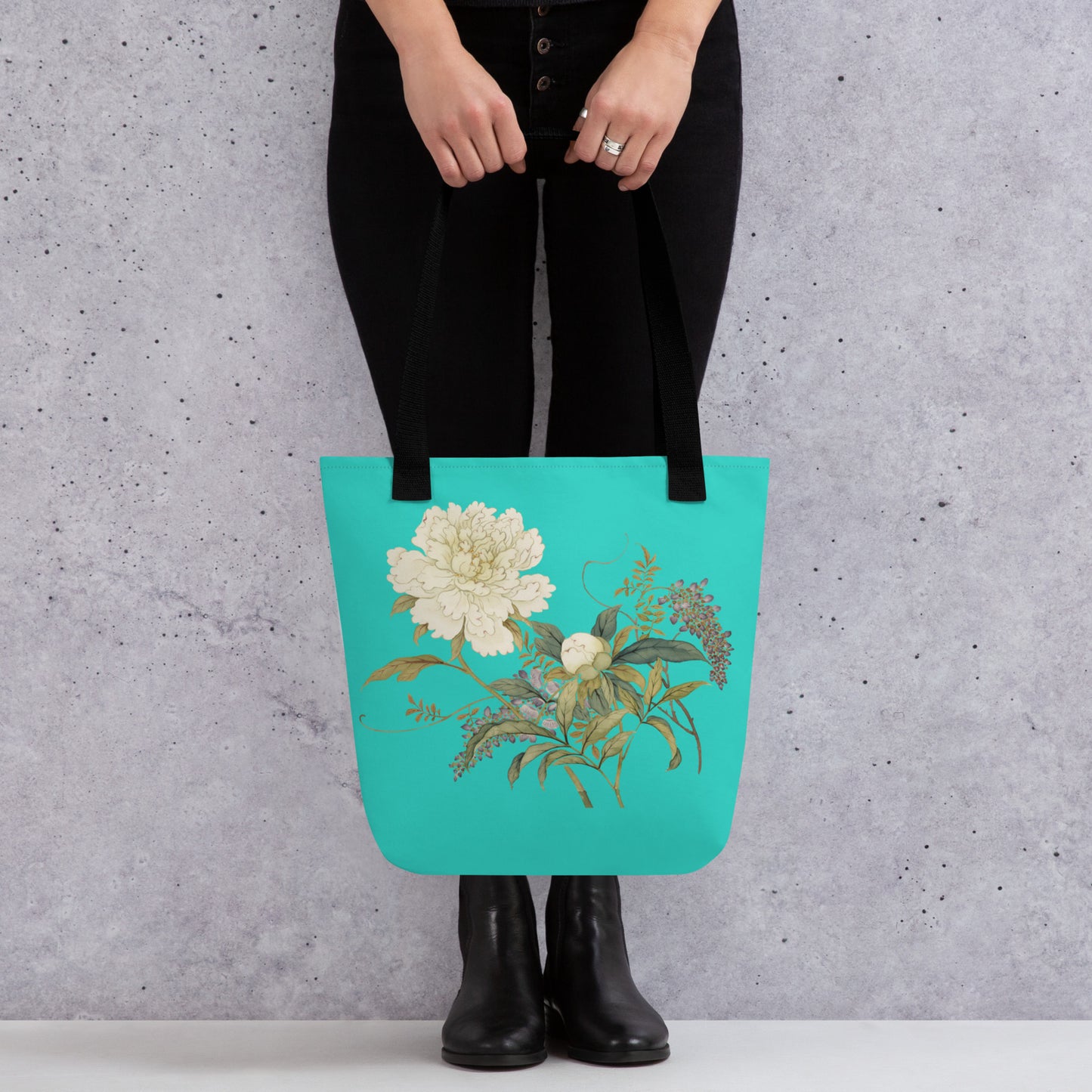 The Spirit of Flowers in Twelve Months｜Chinese Peony and Wisteria in Bloom｜Tote bag｜Turquoise