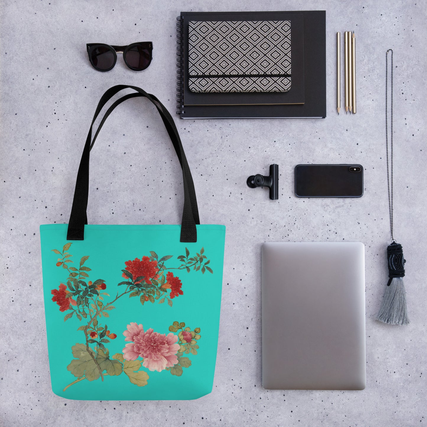 The Spirit of Flowers in Twelve Months｜Hollyhock and Pomegranate in Bloom｜Tote bag｜Turquoise