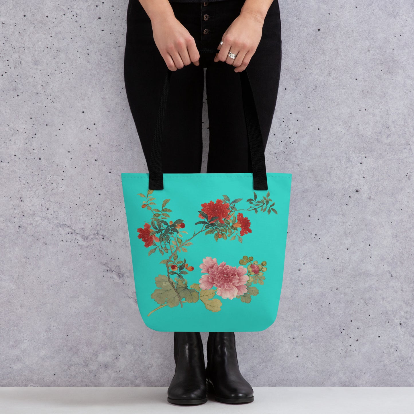 The Spirit of Flowers in Twelve Months｜Hollyhock and Pomegranate in Bloom｜Tote bag｜Turquoise