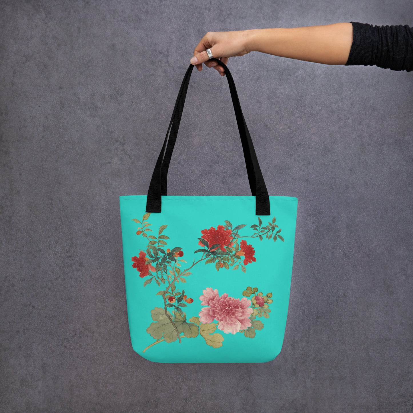 The Spirit of Flowers in Twelve Months｜Hollyhock and Pomegranate in Bloom｜Tote bag｜Turquoise