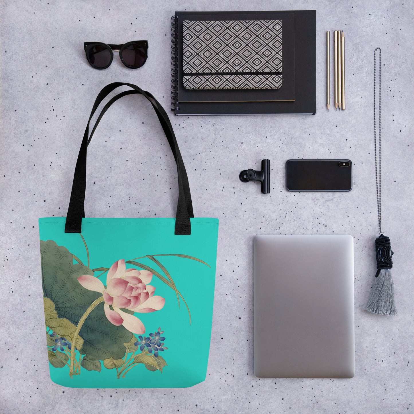 The Spirit of Flowers in Twelve Months｜Lotus in Bloom｜Tote bag｜Turquoise