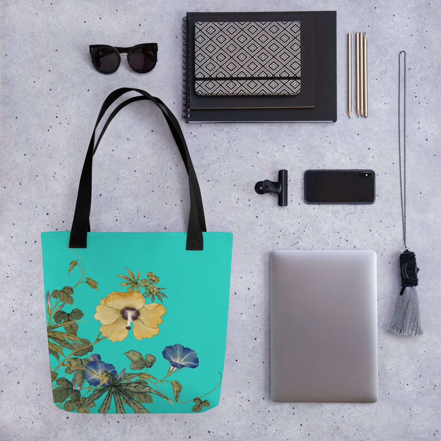 The Spirit of Flowers in Twelve Months｜Okra and White-edged Morning Glory in Bloom｜Tote bag｜Turquoise