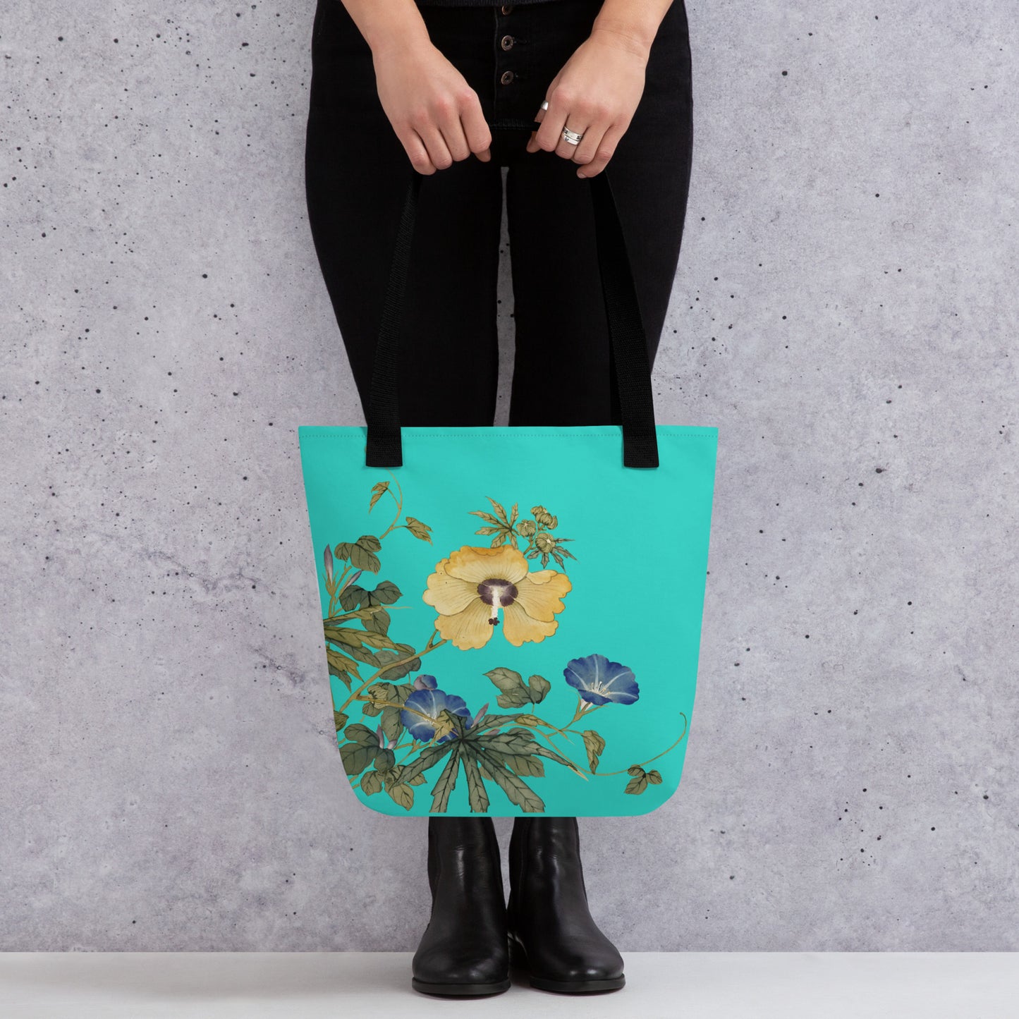 The Spirit of Flowers in Twelve Months｜Okra and White-edged Morning Glory in Bloom｜Tote bag｜Turquoise