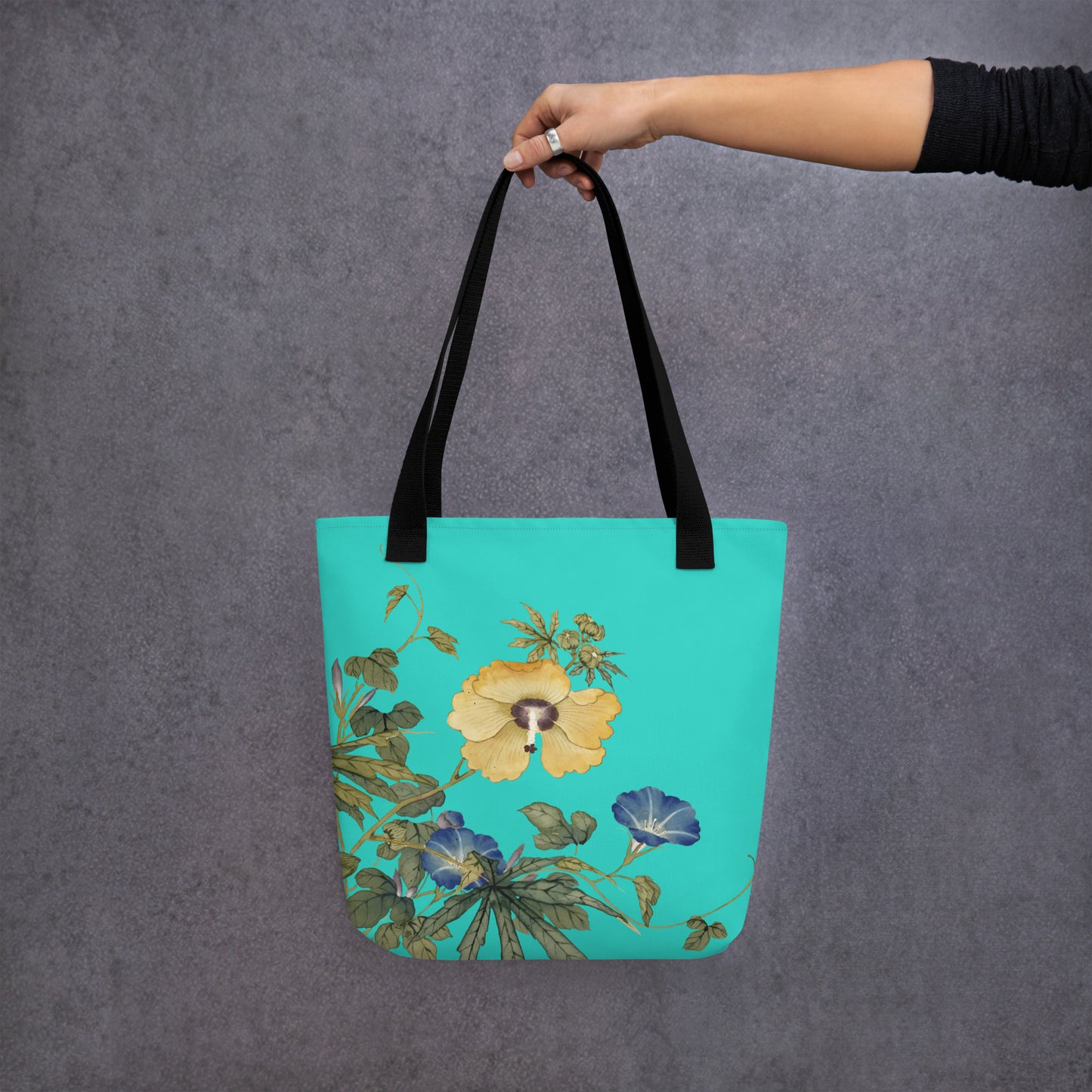 The Spirit of Flowers in Twelve Months｜Okra and White-edged Morning Glory in Bloom｜Tote bag｜Turquoise