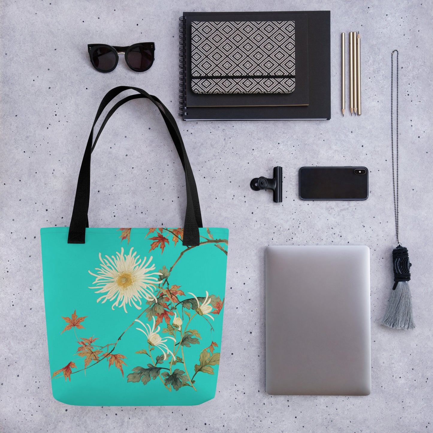 The Spirit of Flowers in Twelve Months｜Blooming Chrysanthemum and Maple Leaves｜Tote bag｜Turquoise