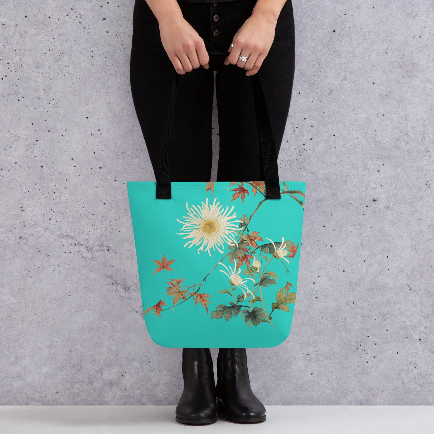 The Spirit of Flowers in Twelve Months｜Blooming Chrysanthemum and Maple Leaves｜Tote bag｜Turquoise