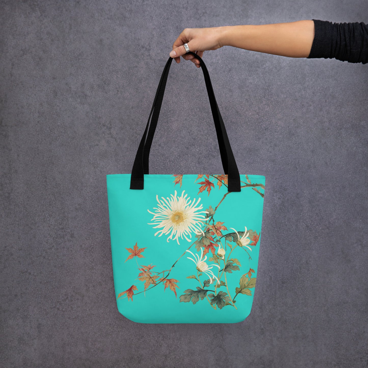 The Spirit of Flowers in Twelve Months｜Blooming Chrysanthemum and Maple Leaves｜Tote bag｜Turquoise