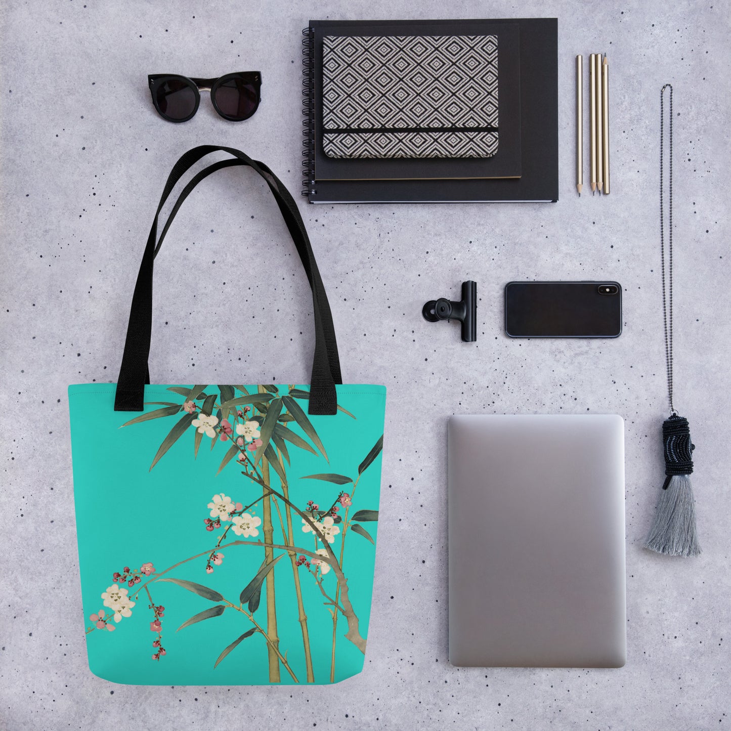 The Spirit of Flowers in Twelve Months｜Crimson Plum Blossom and Lush Green Bamboo｜Tote bag｜Turquoise