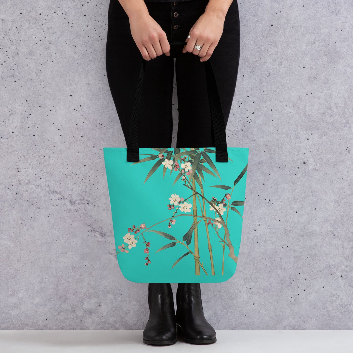 The Spirit of Flowers in Twelve Months｜Crimson Plum Blossom and Lush Green Bamboo｜Tote bag｜Turquoise