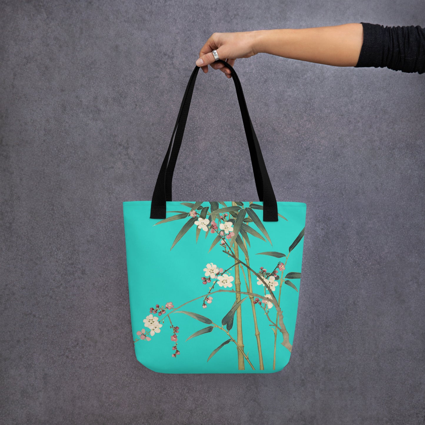 The Spirit of Flowers in Twelve Months｜Crimson Plum Blossom and Lush Green Bamboo｜Tote bag｜Turquoise