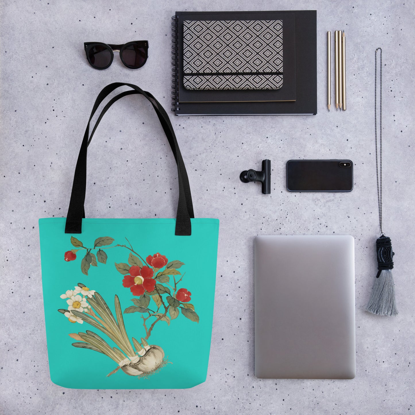 The Spirit of Flowers in Twelve Months｜Narcissus and Camelia in Bloom｜Tote bag｜Turquoise