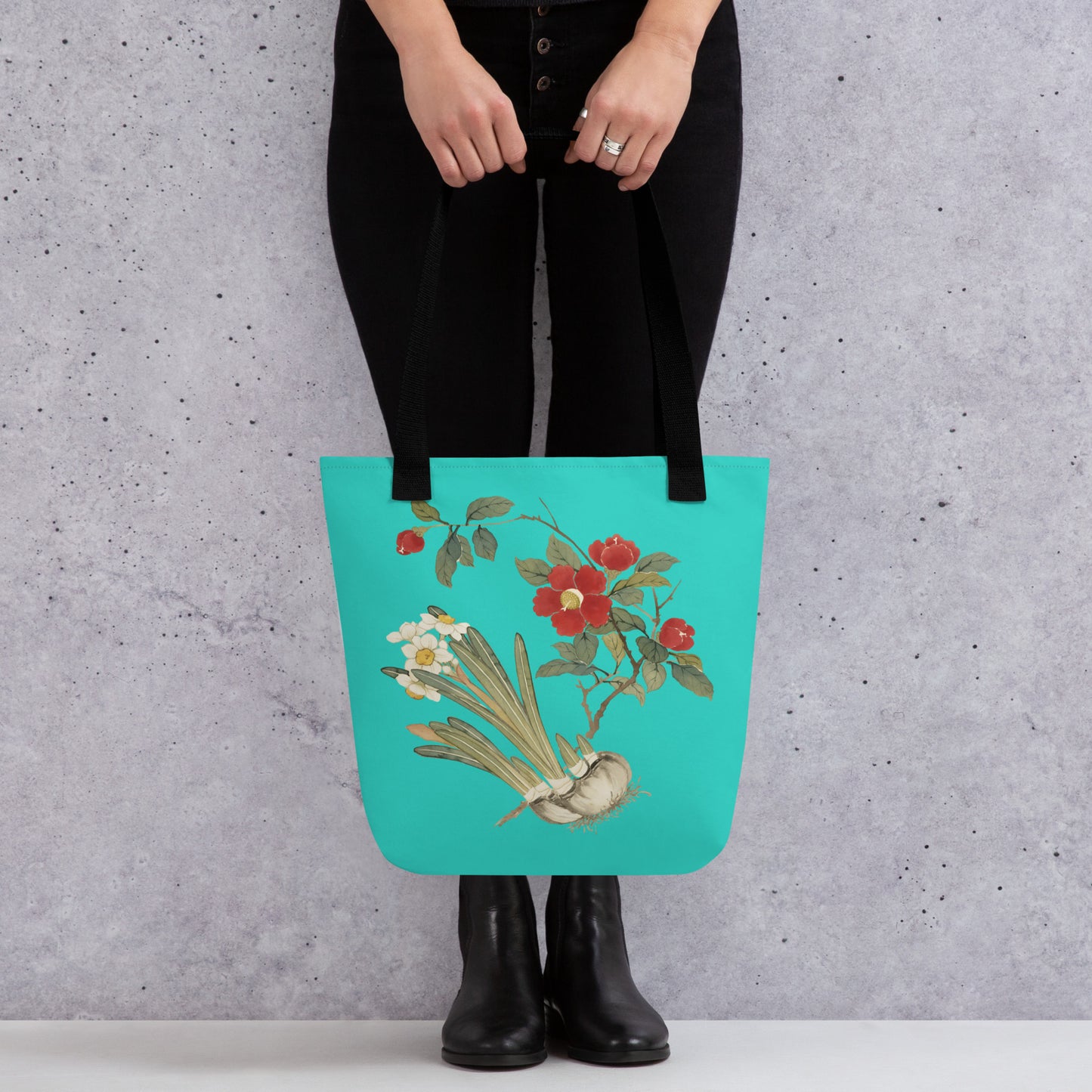 The Spirit of Flowers in Twelve Months｜Narcissus and Camelia in Bloom｜Tote bag｜Turquoise