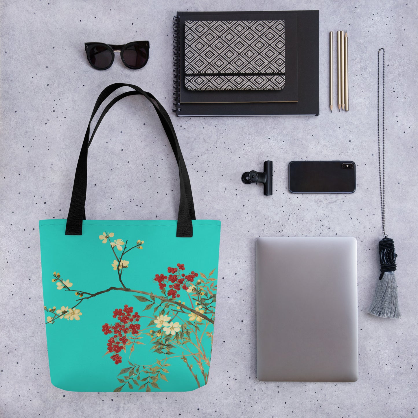 The Spirit of Flowers in Twelve Months｜Blooming Wintersweet and Heavenly Bamboo｜Tote bag｜Turquoise