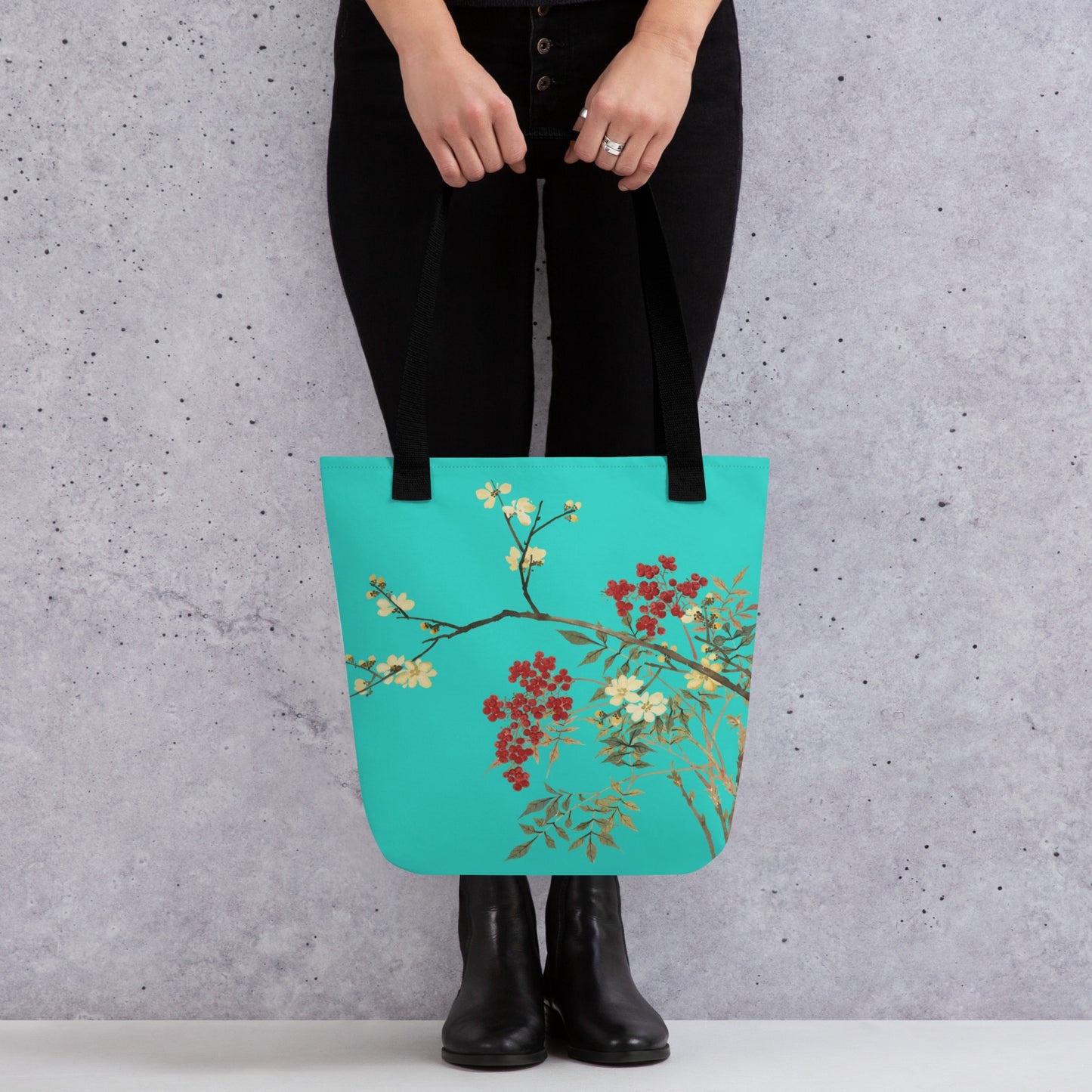 The Spirit of Flowers in Twelve Months｜Blooming Wintersweet and Heavenly Bamboo｜Tote bag｜Turquoise