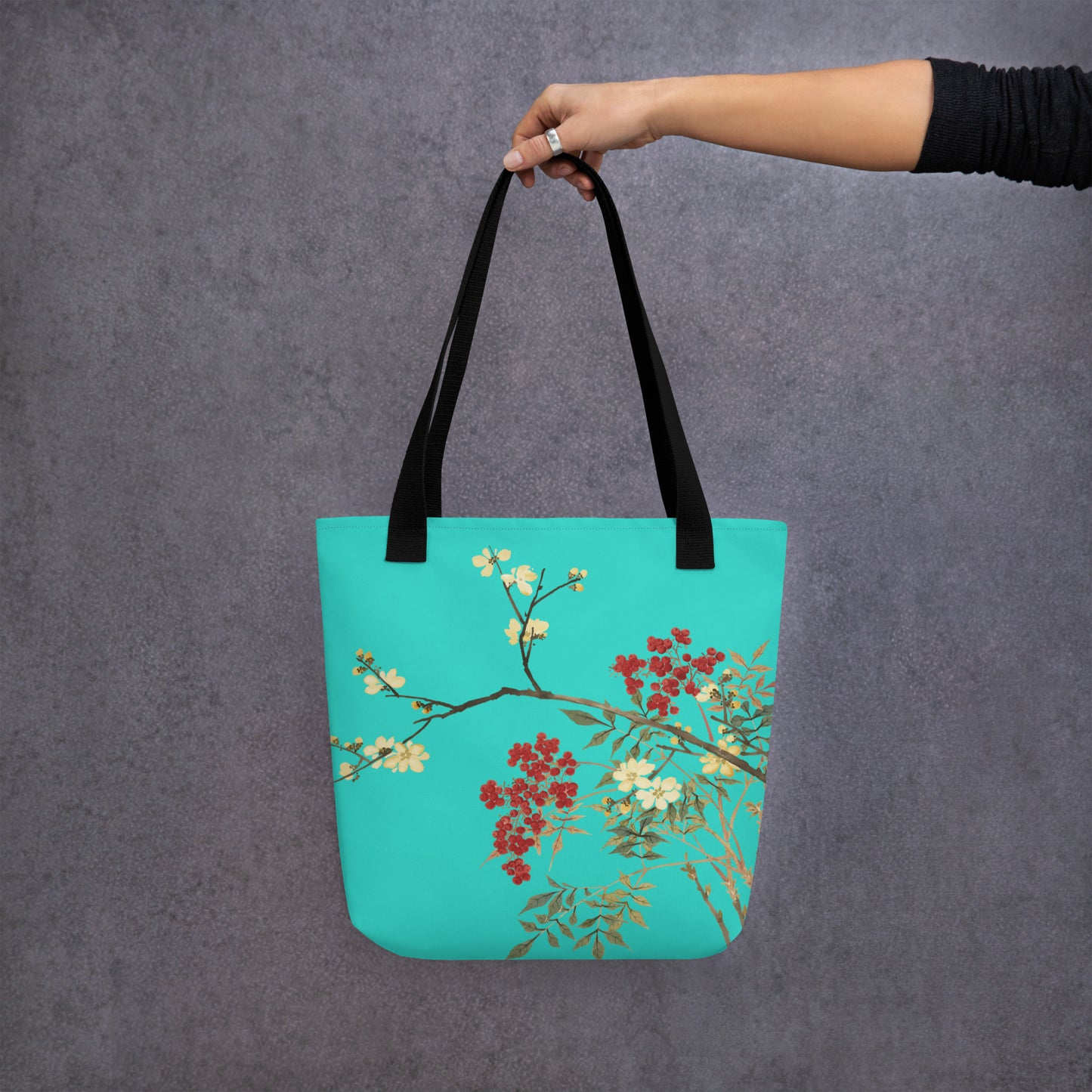 The Spirit of Flowers in Twelve Months｜Blooming Wintersweet and Heavenly Bamboo｜Tote bag｜Turquoise