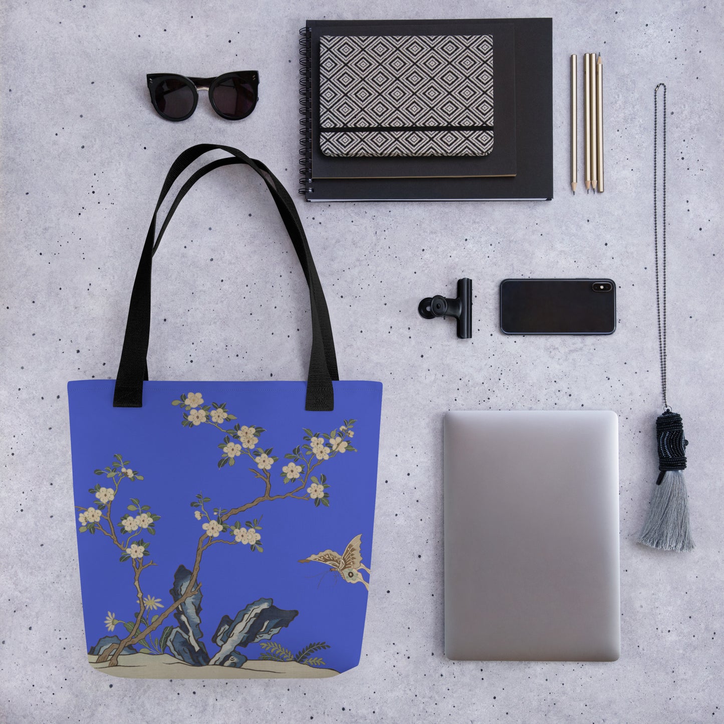 Kesi Flower Album｜White Plum Blossoms and Butterfly｜Tote bag｜Royal blue