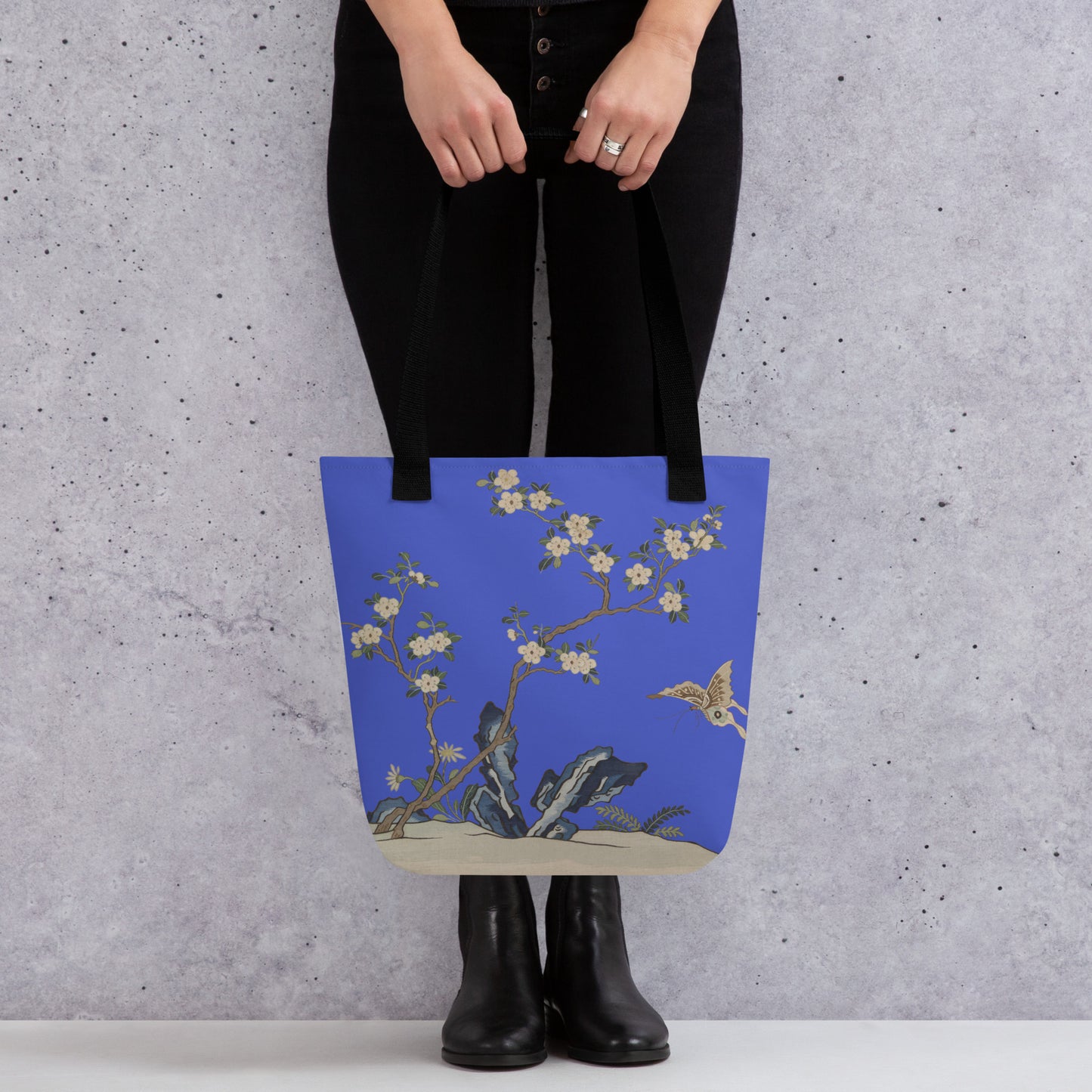 Kesi Flower Album｜White Plum Blossoms and Butterfly｜Tote bag｜Royal blue