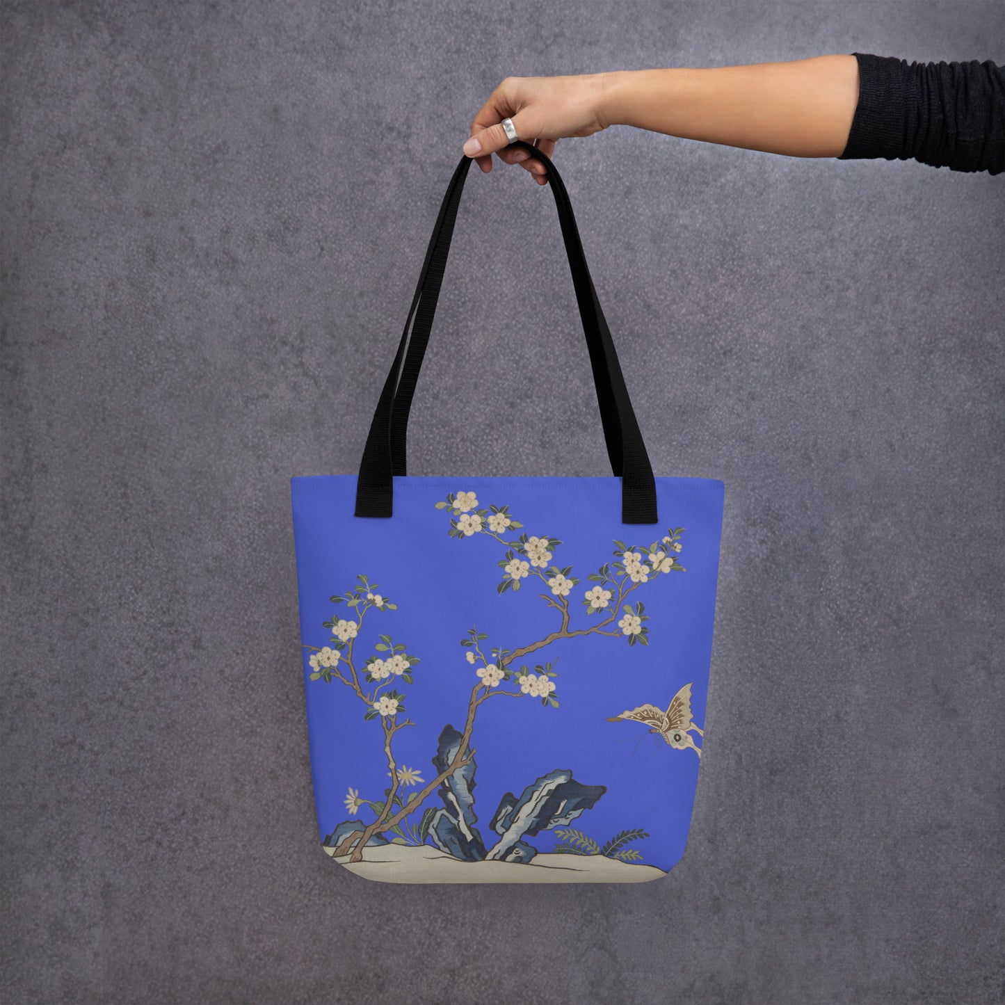 Kesi Flower Album｜White Plum Blossoms and Butterfly｜Tote bag｜Royal blue