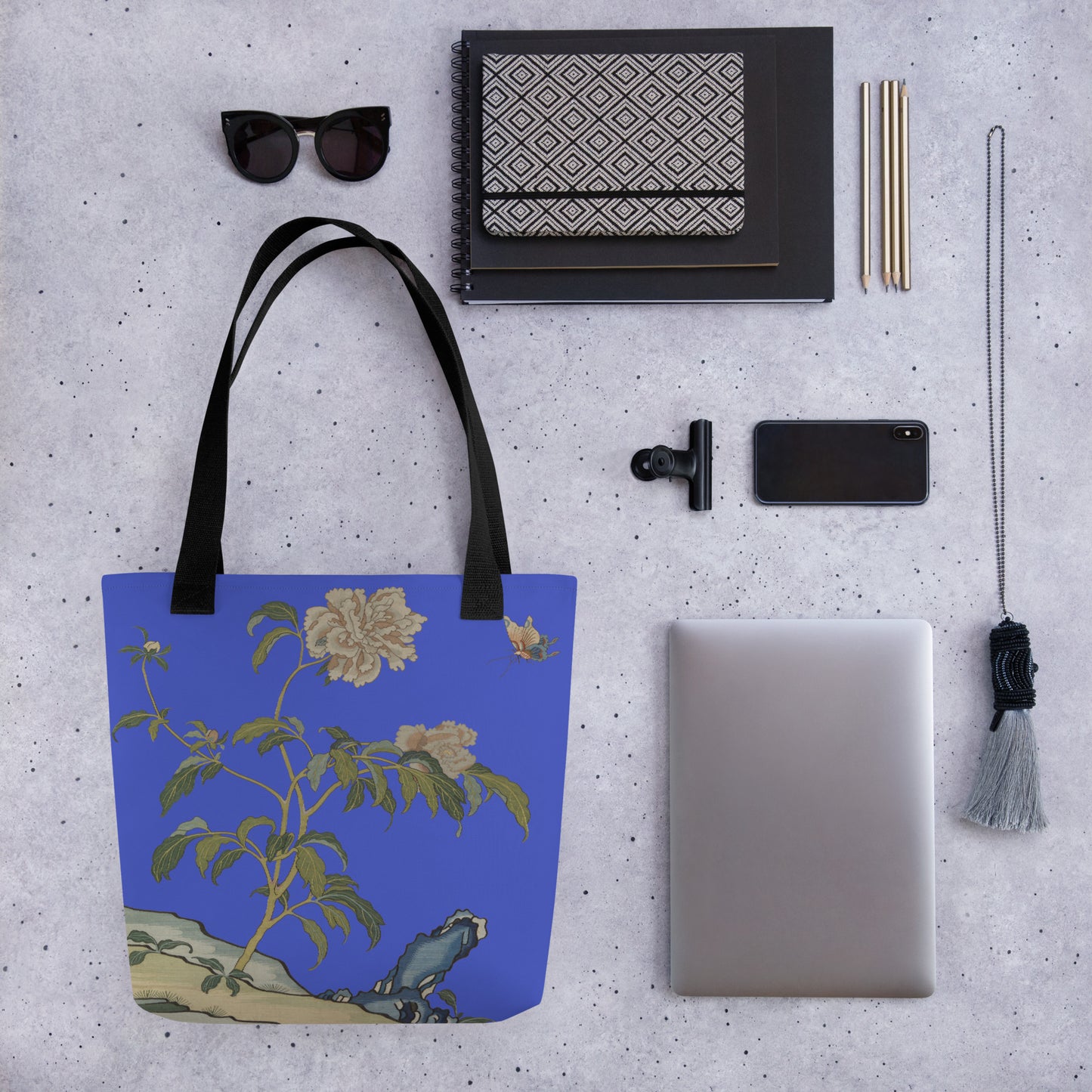 Kesi Flower Album｜Peonies and Butterfly｜Tote bag｜Royal blue