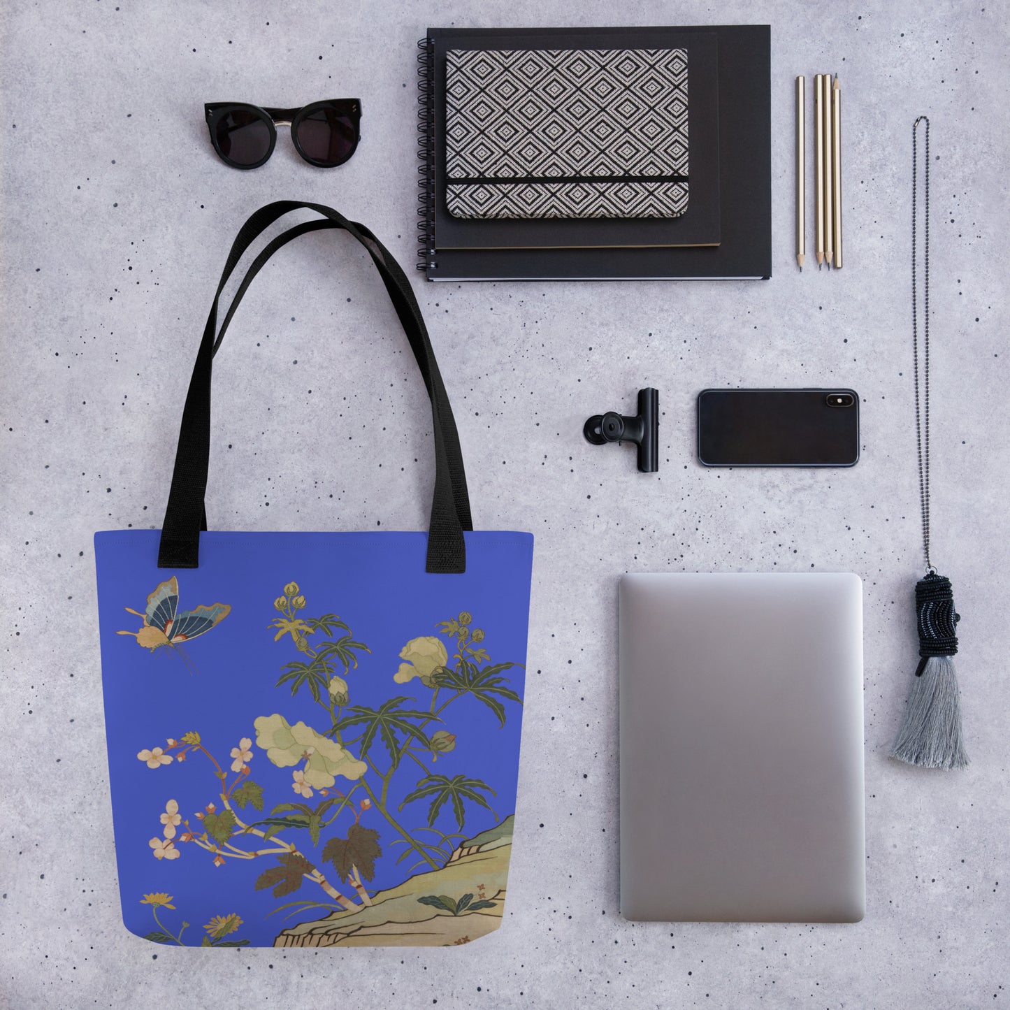 Kesi Flower Album｜Hibiscus and Begonia Blossoms｜Tote bag｜Royal blue