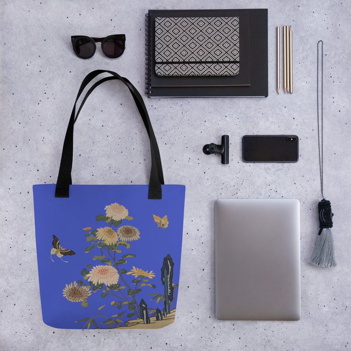 Kesi Flower Album｜Chrysanthemums and Butterflies｜Tote bag｜Royal blue