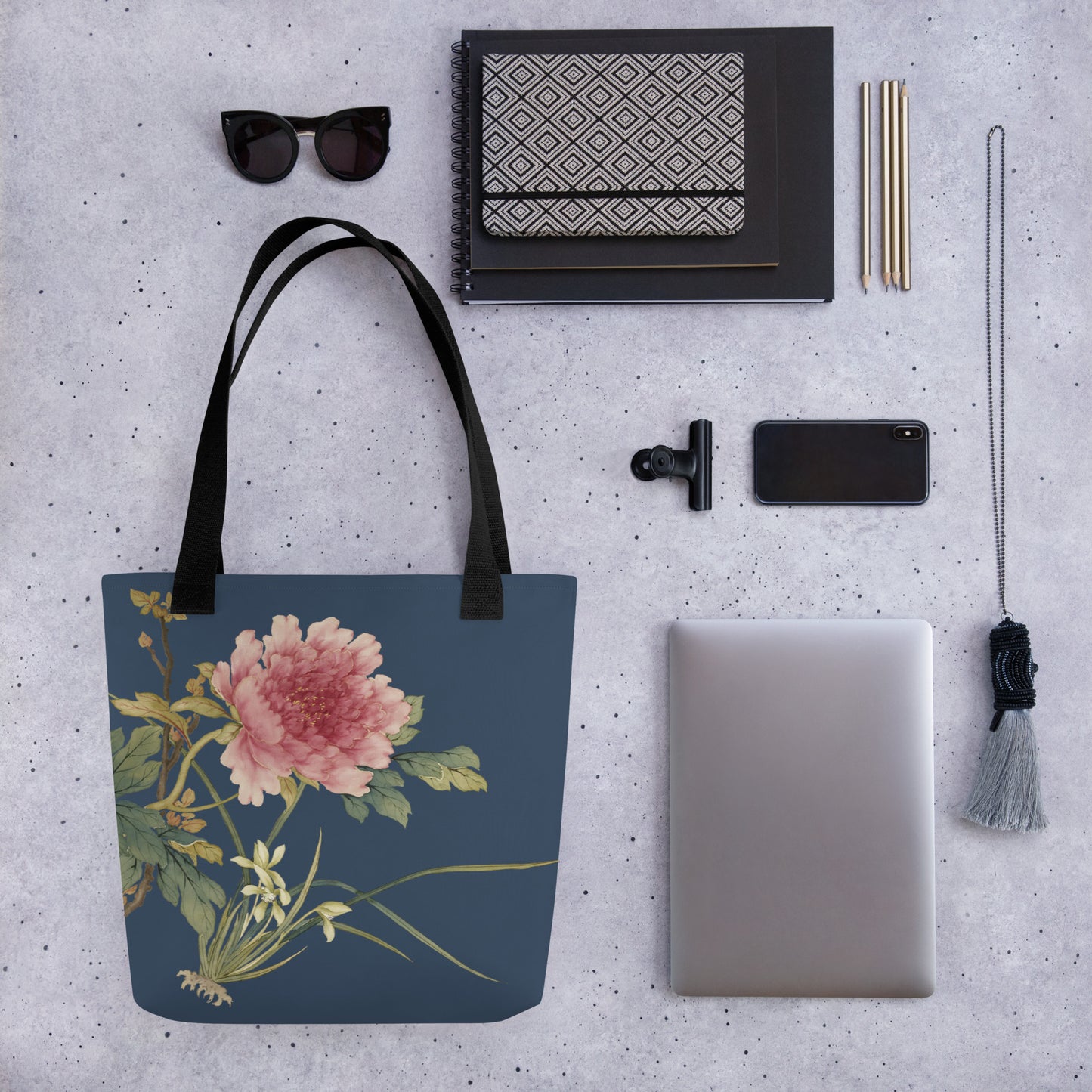 The Spirit of Flowers in Twelve Months｜Orchid and Tree Peony in Bloom｜Tote bag｜Dark blue