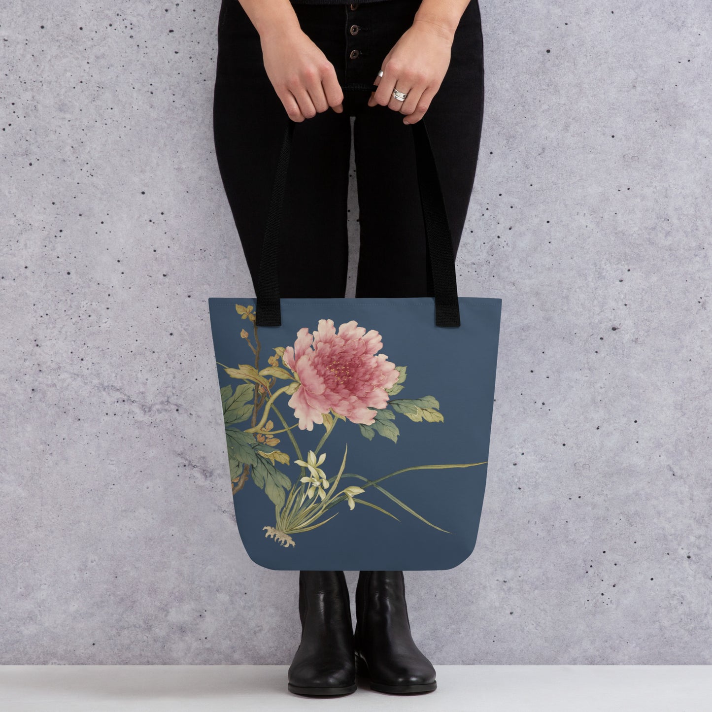 The Spirit of Flowers in Twelve Months｜Orchid and Tree Peony in Bloom｜Tote bag｜Dark blue