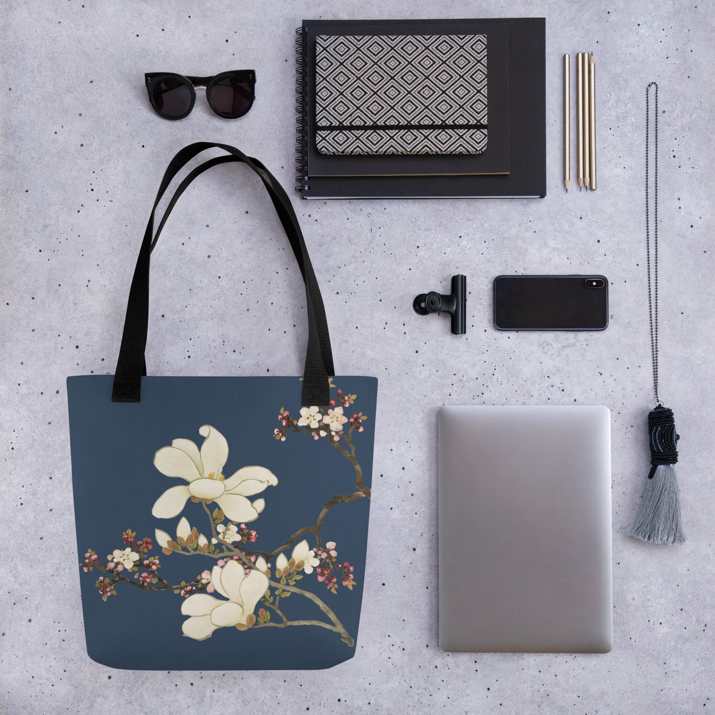 The Spirit of Flowers in Twelve Months｜Apricot and Lily Magnolia in Blossom｜Tote bag｜Dark blue