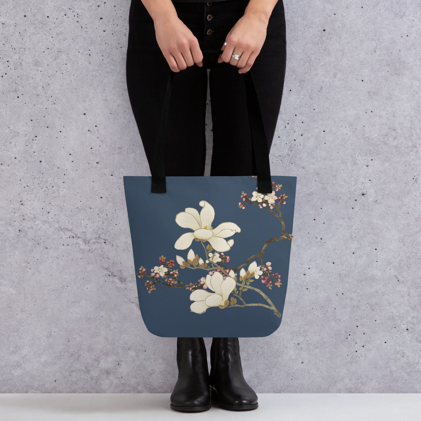 The Spirit of Flowers in Twelve Months｜Apricot and Lily Magnolia in Blossom｜Tote bag｜Dark blue