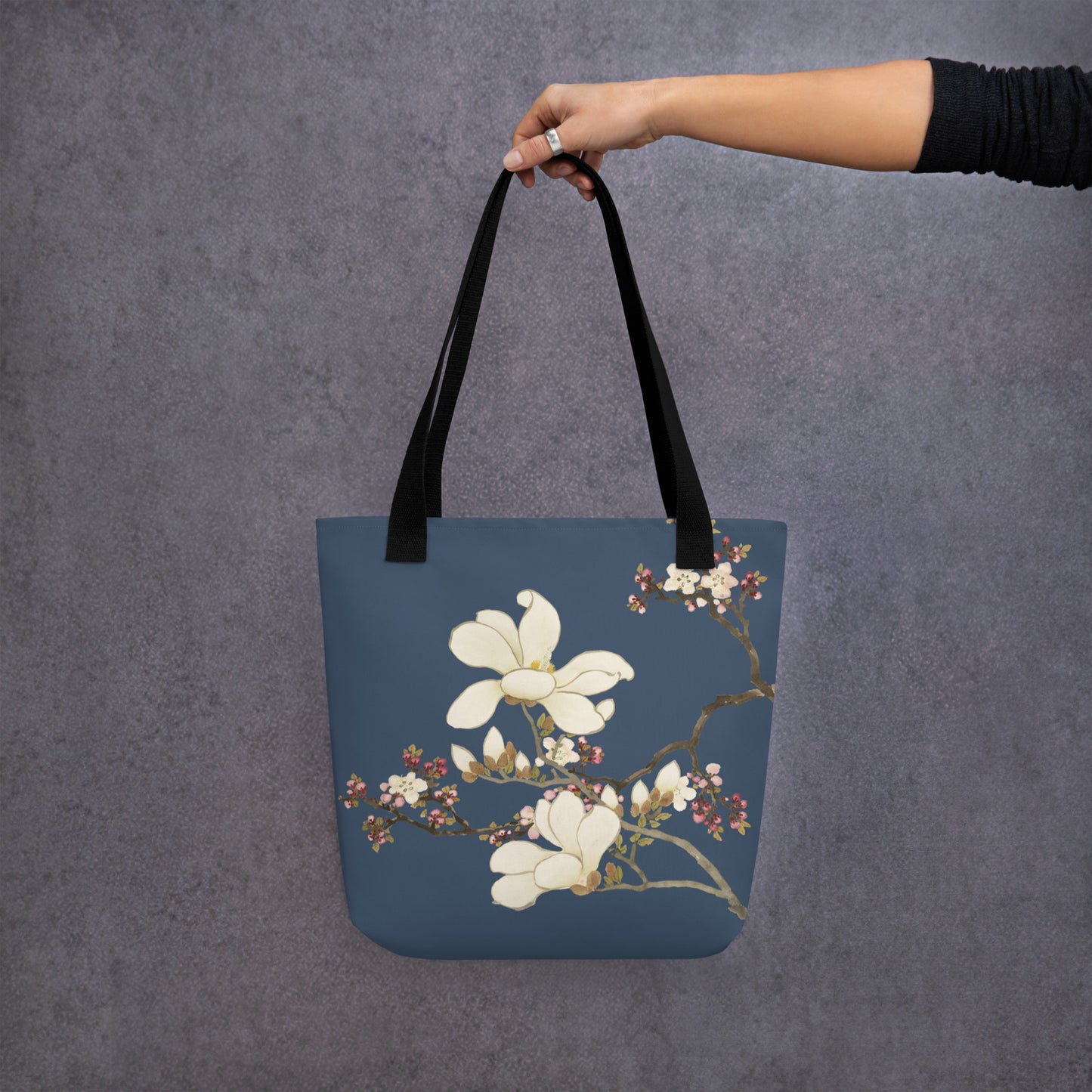 The Spirit of Flowers in Twelve Months｜Apricot and Lily Magnolia in Blossom｜Tote bag｜Dark blue