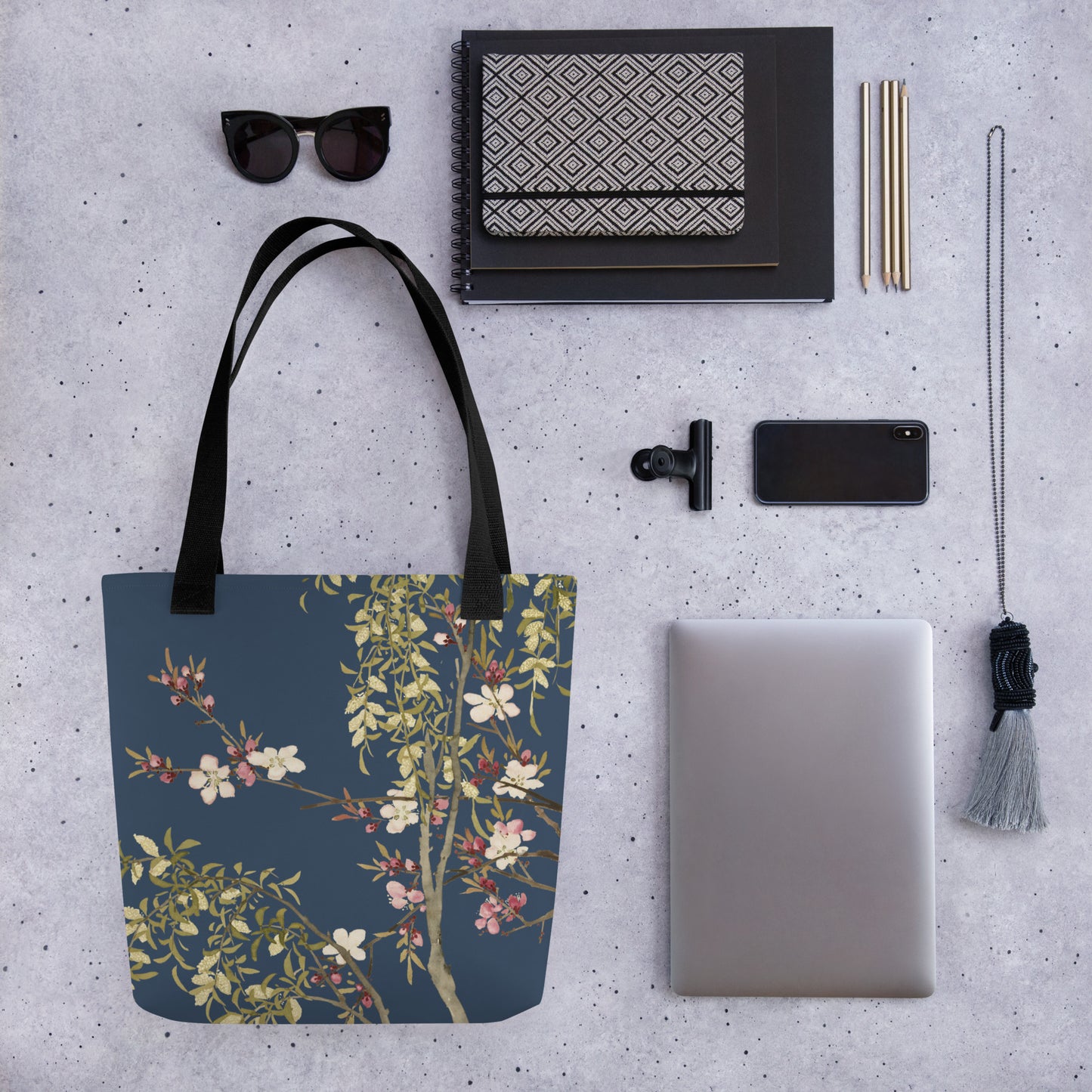 The Spirit of Flowers in Twelve Months｜Willow and Peach Blossom｜Tote bag｜Dark blue